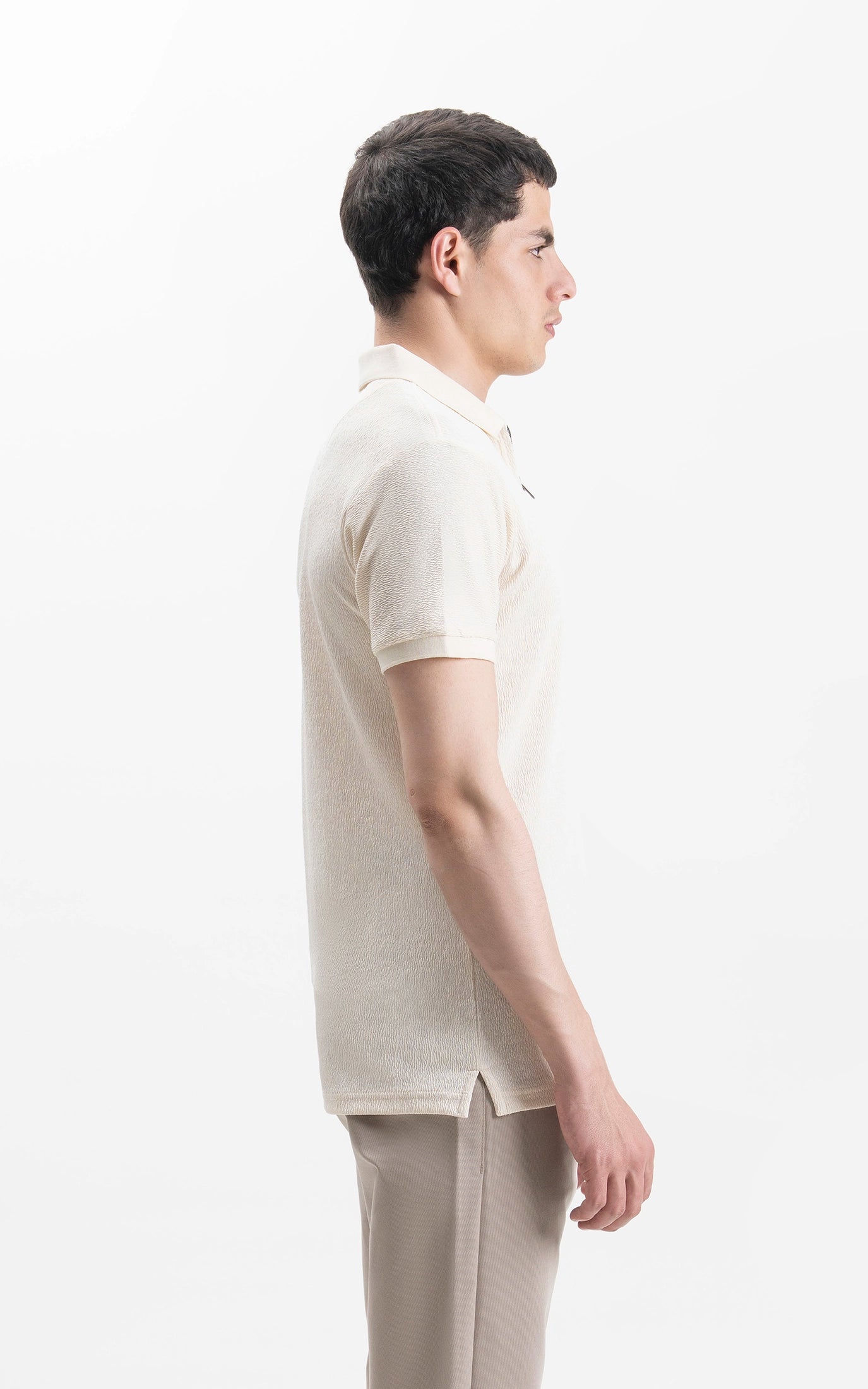 JACQUARD TEXTURED ZIP POLO SHIRT BEIGE