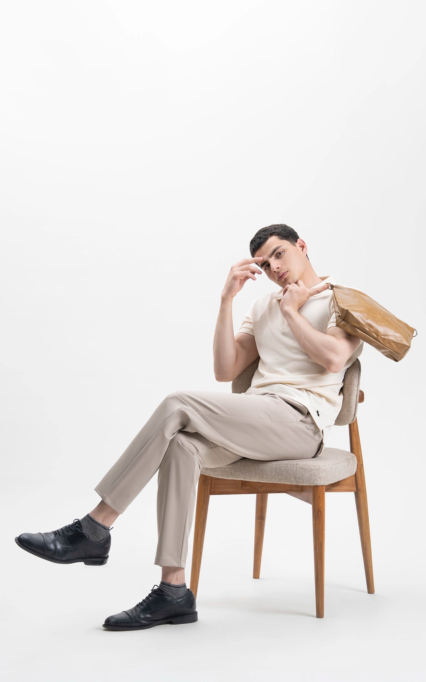 JACQUARD TEXTURED ZIP POLO SHIRT BEIGE