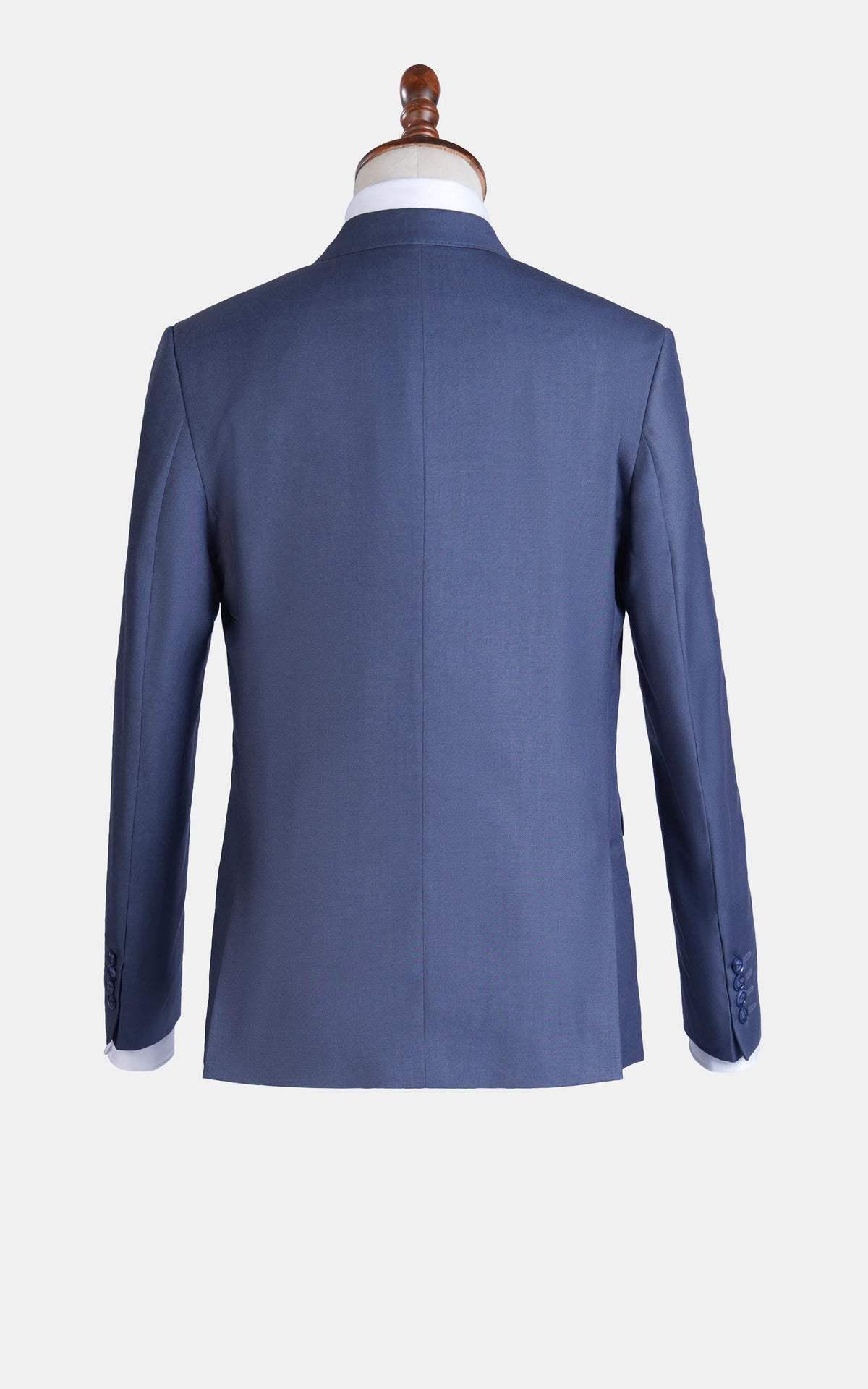 Bluish grey slim-fit suit jacket, back view on mannequin.