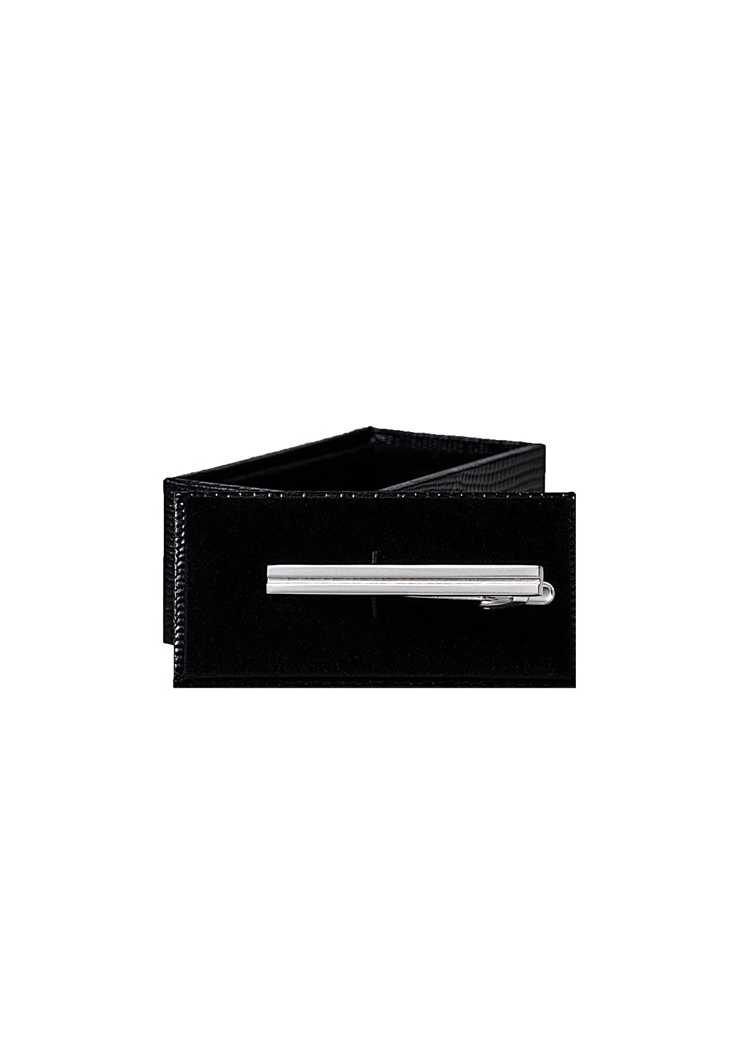 Silver tie bar pin inside black presentation box with fabric lining.
