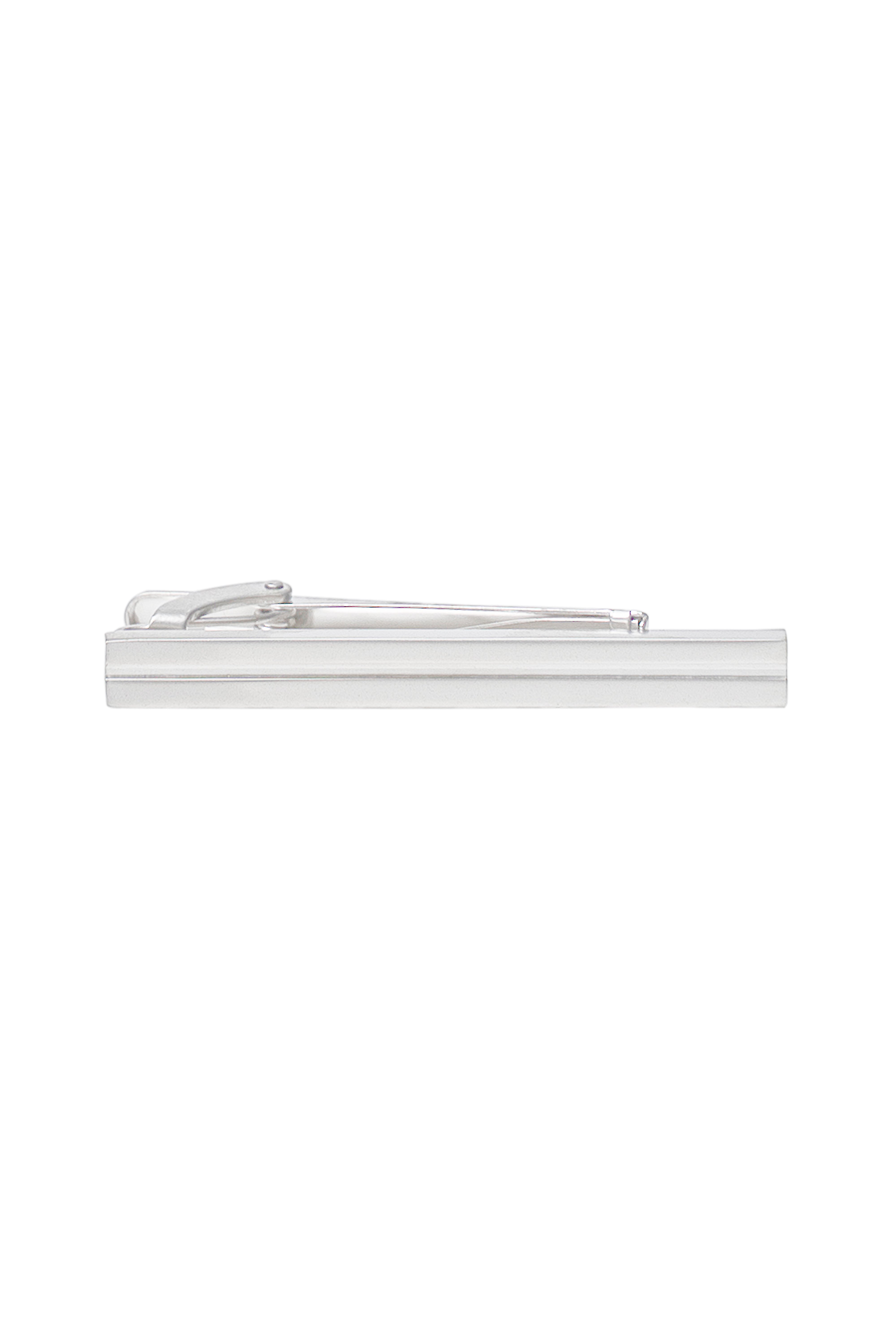 Silver tie bar pin with hinged clasp and polished horizontal bar.
