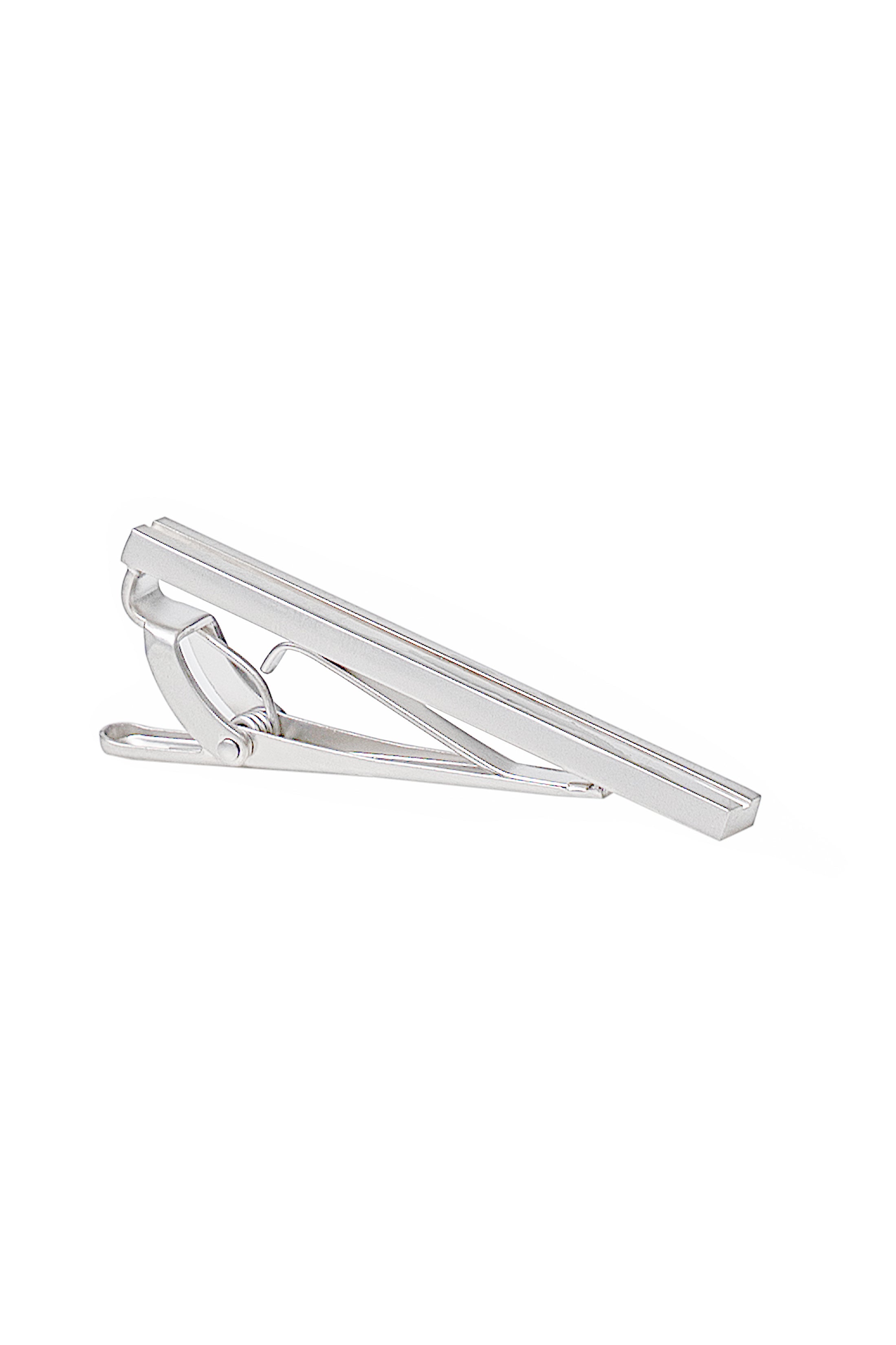 Silver tie bar pin with hinged clasp, angled view, slim metal bar.