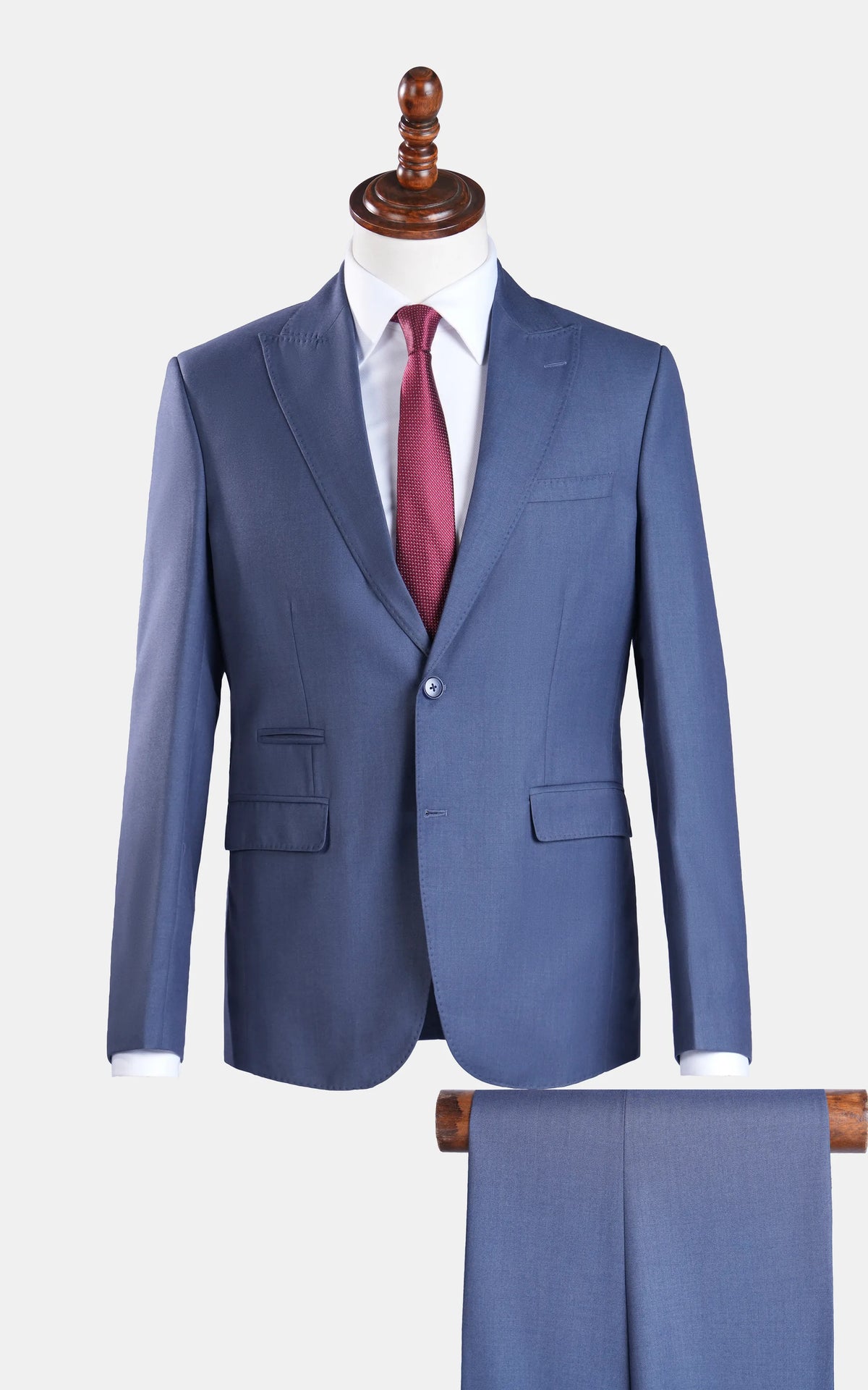 Bluish grey slim-fit 2-piece suit with trousers, front view on mannequin.