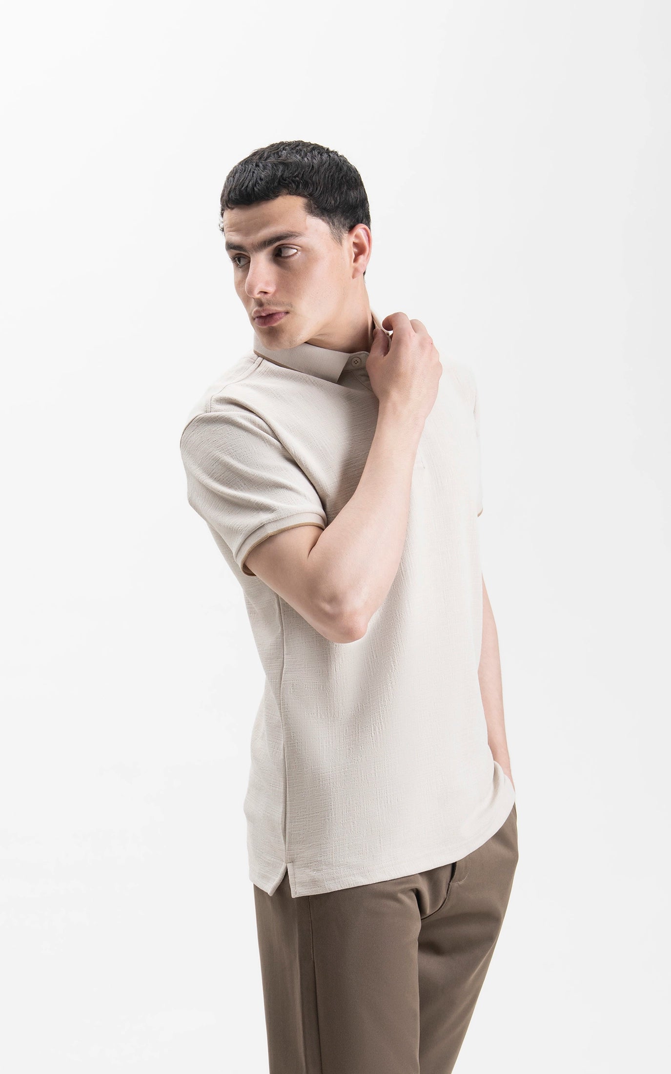 JACQUARD TEXTURED TIPPED POLO SHIRT BEIGE