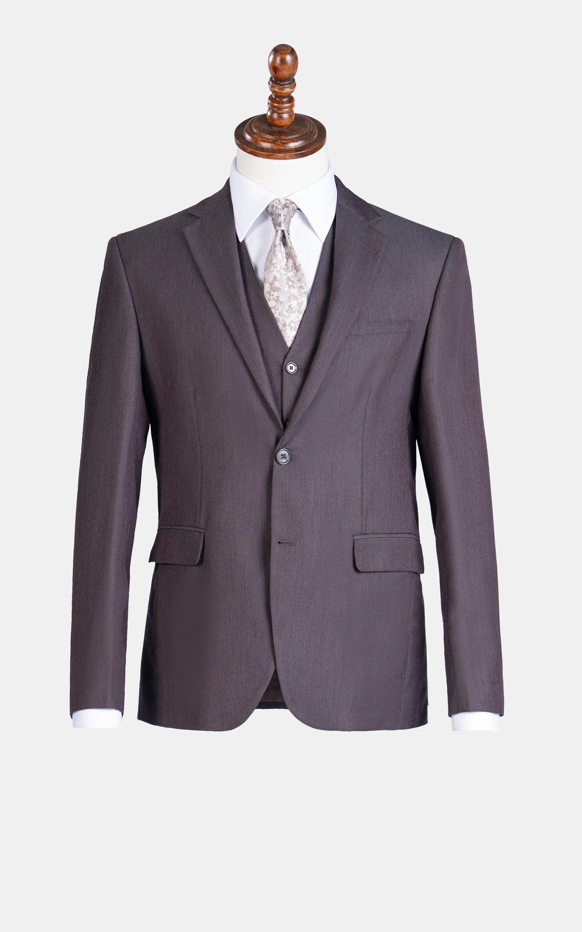 Dark brown 3-piece suit jacket with notch lapel, matching vest and trousers set