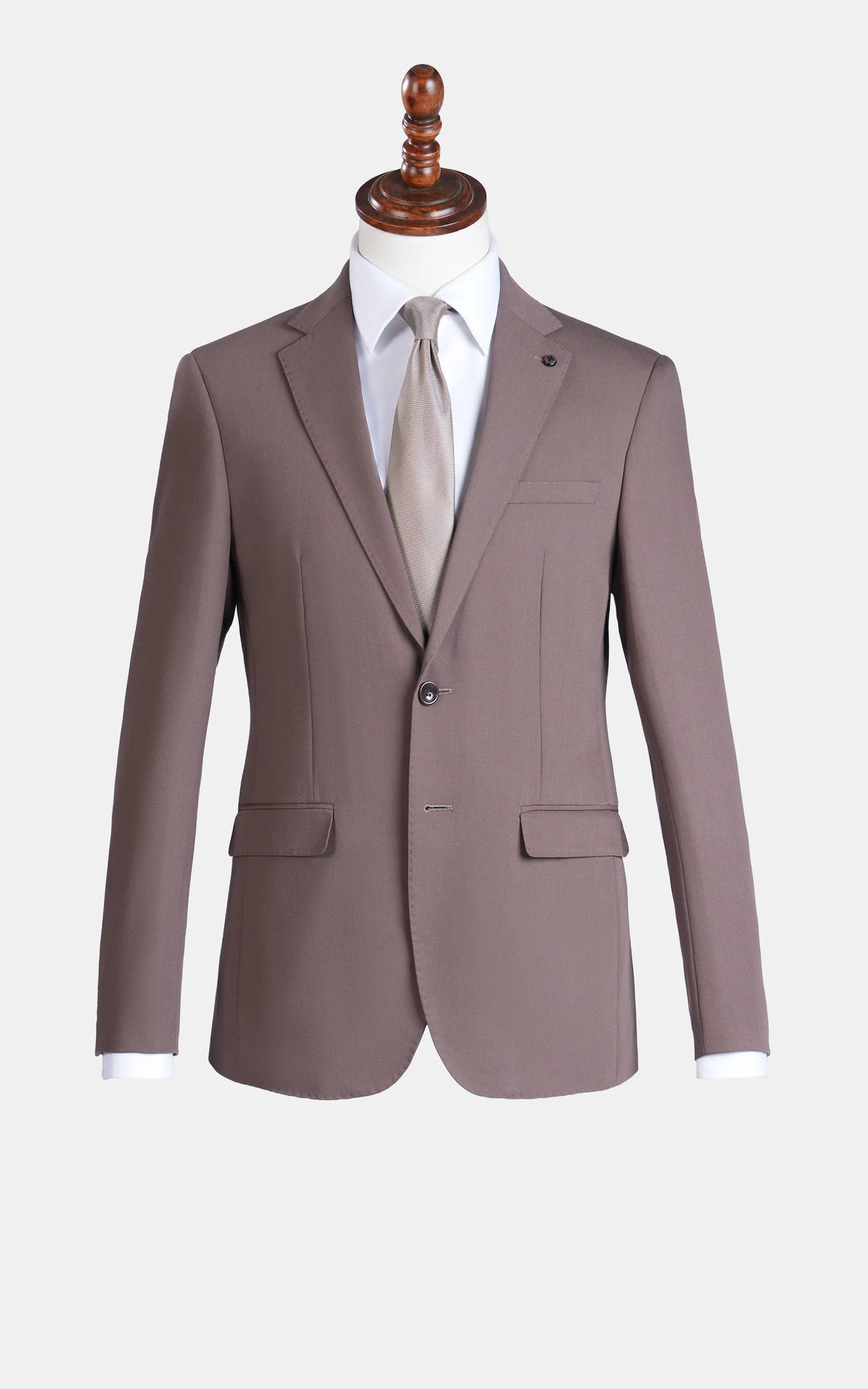 Brown single-breasted suit jacket with notch lapels, two-button front and flap pockets