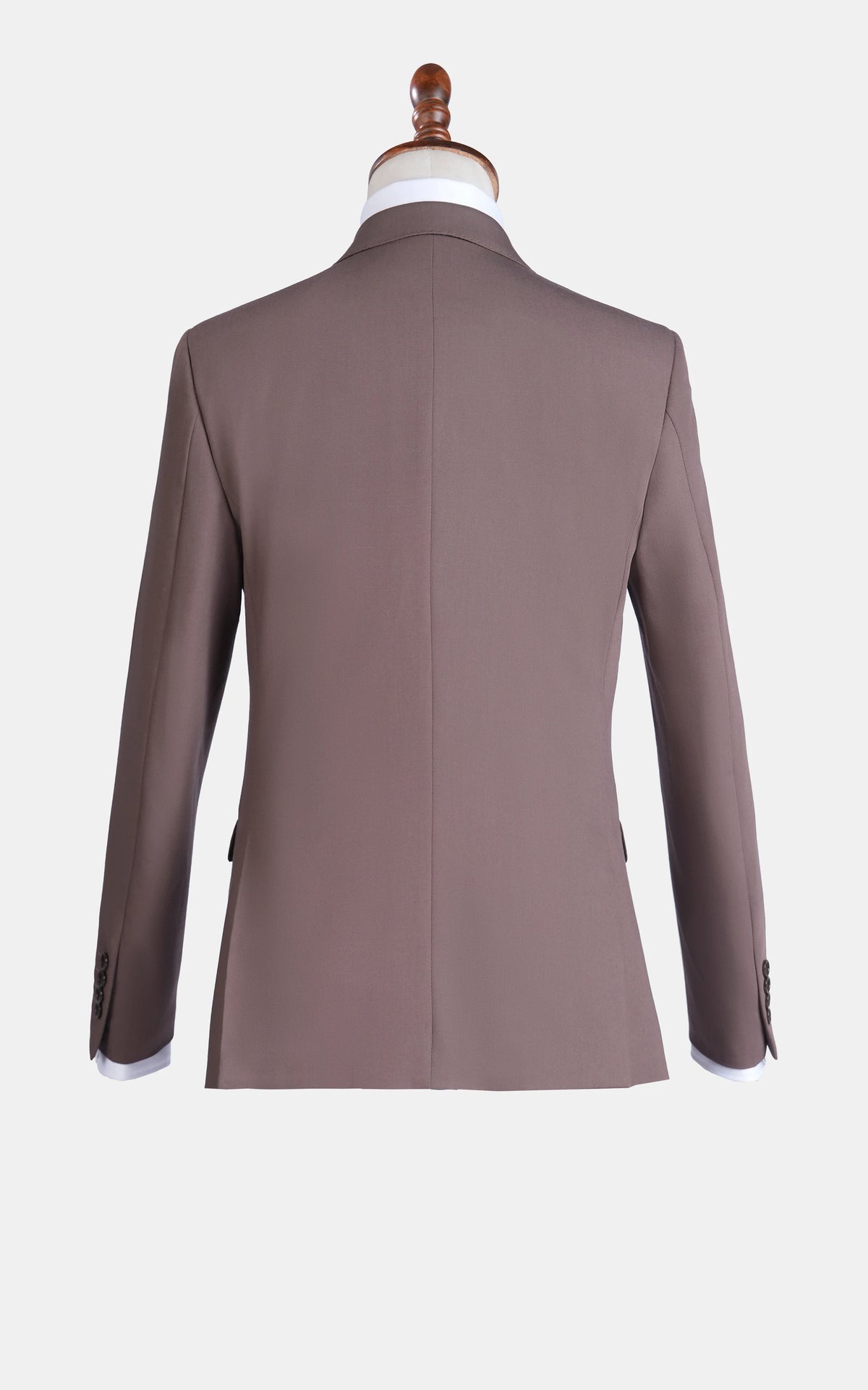 Brown suit jacket with notch lapel styling, shown from the back