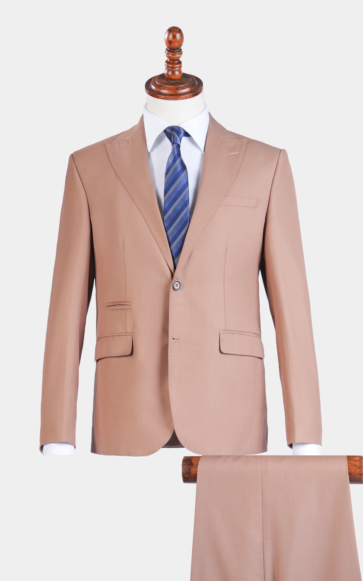 Light brown slim-fit suit jacket with notch lapel, front buttons, and flap pockets.