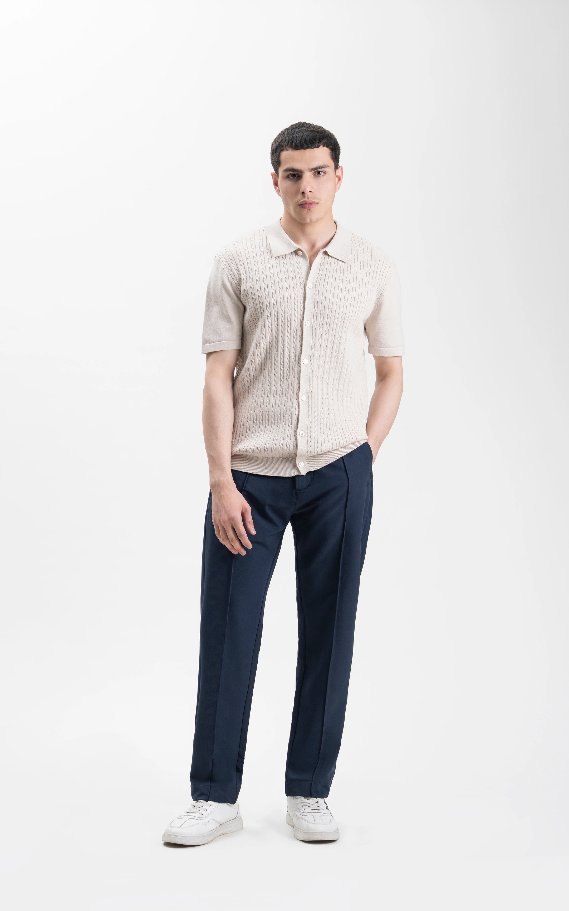 HALF SLEEVE CABLE KNIT CASUAL SHIRT BEIGE