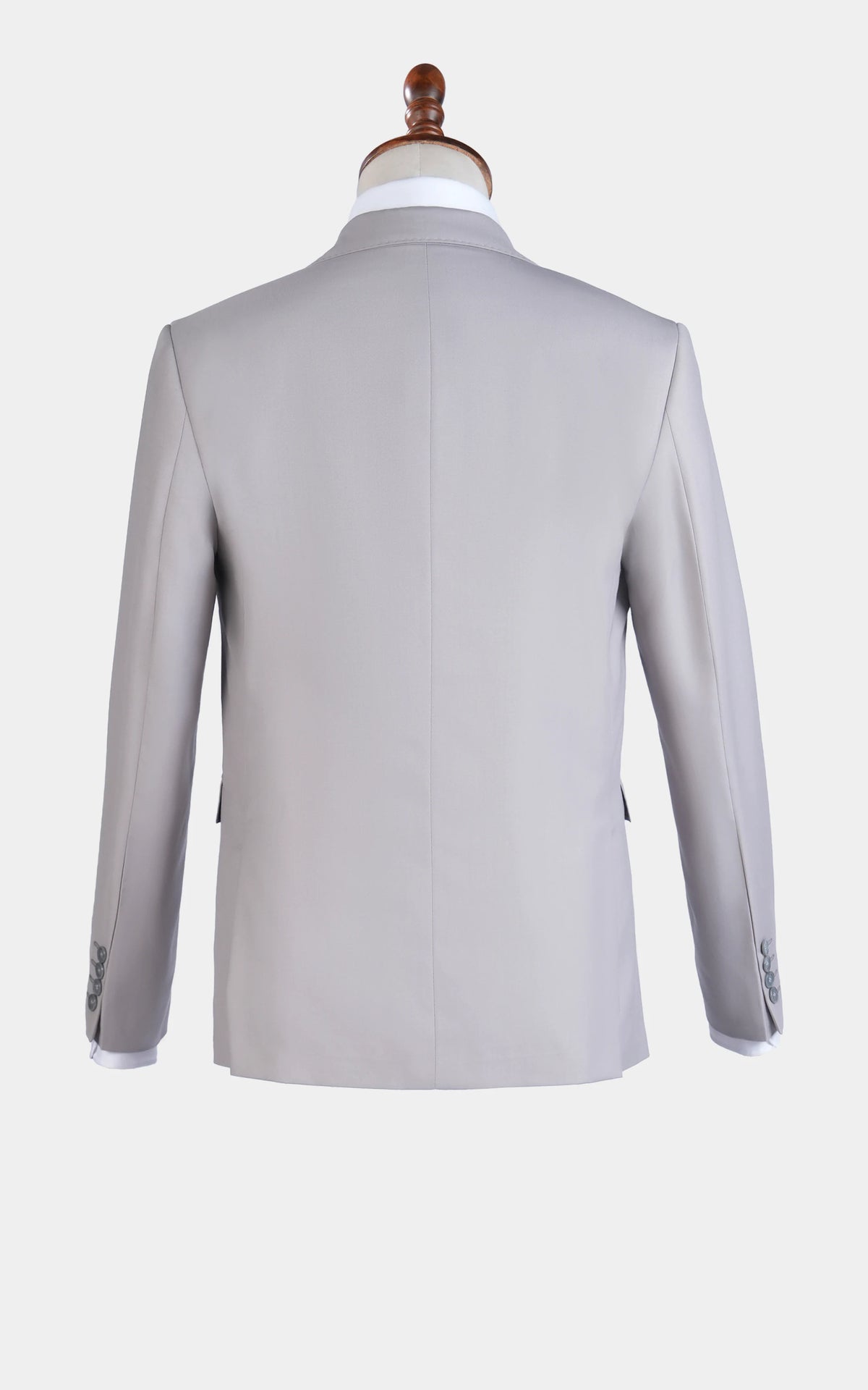 Stone gray suit jacket back view with tailored shoulder seams and vents