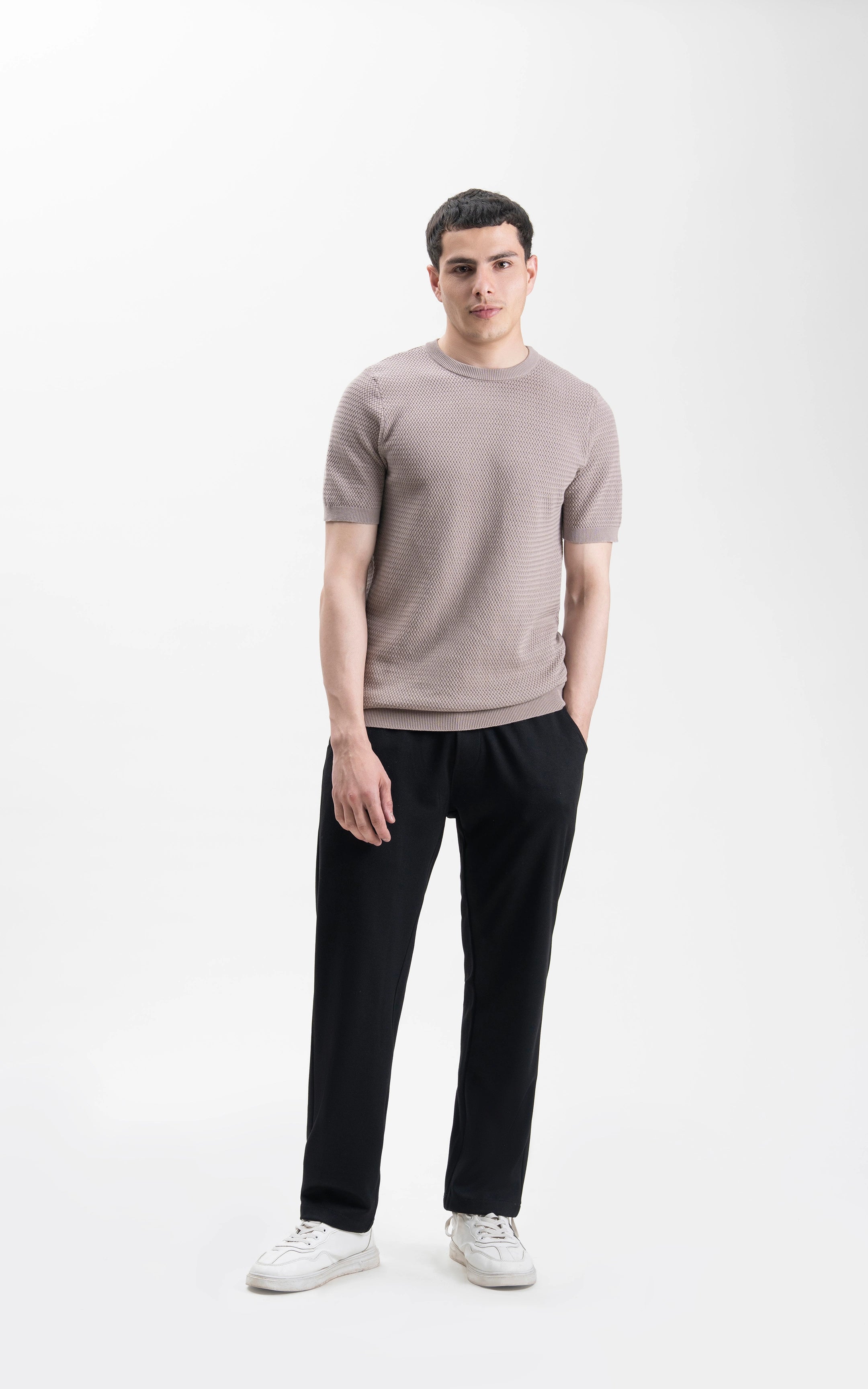 SWEATER KNIT SELF TEXTURED CREW NECK T SHIRT ASH GREY