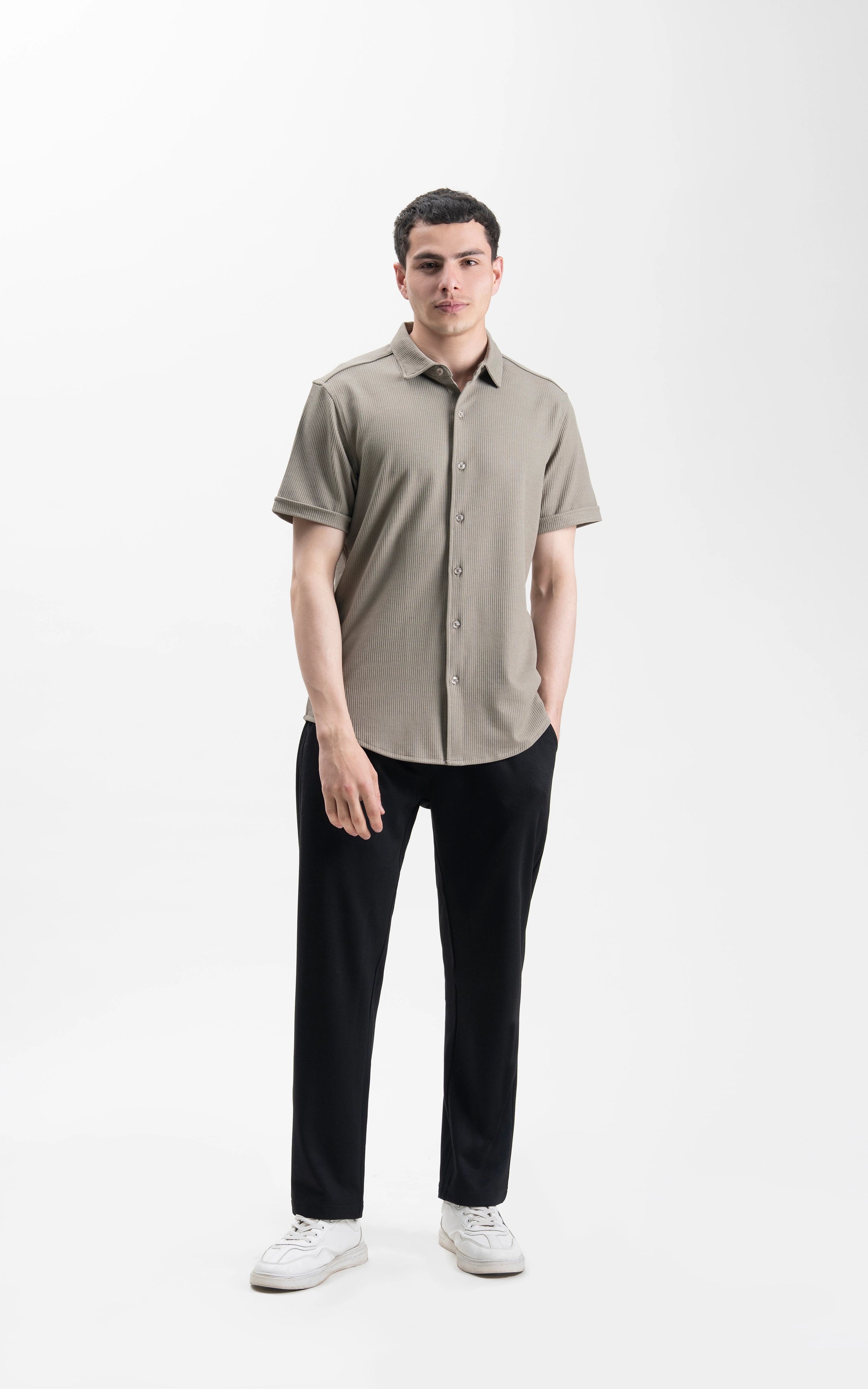 SELF JACQUARD STRIPED CASUAL SHIRT LIGHT OLIVE