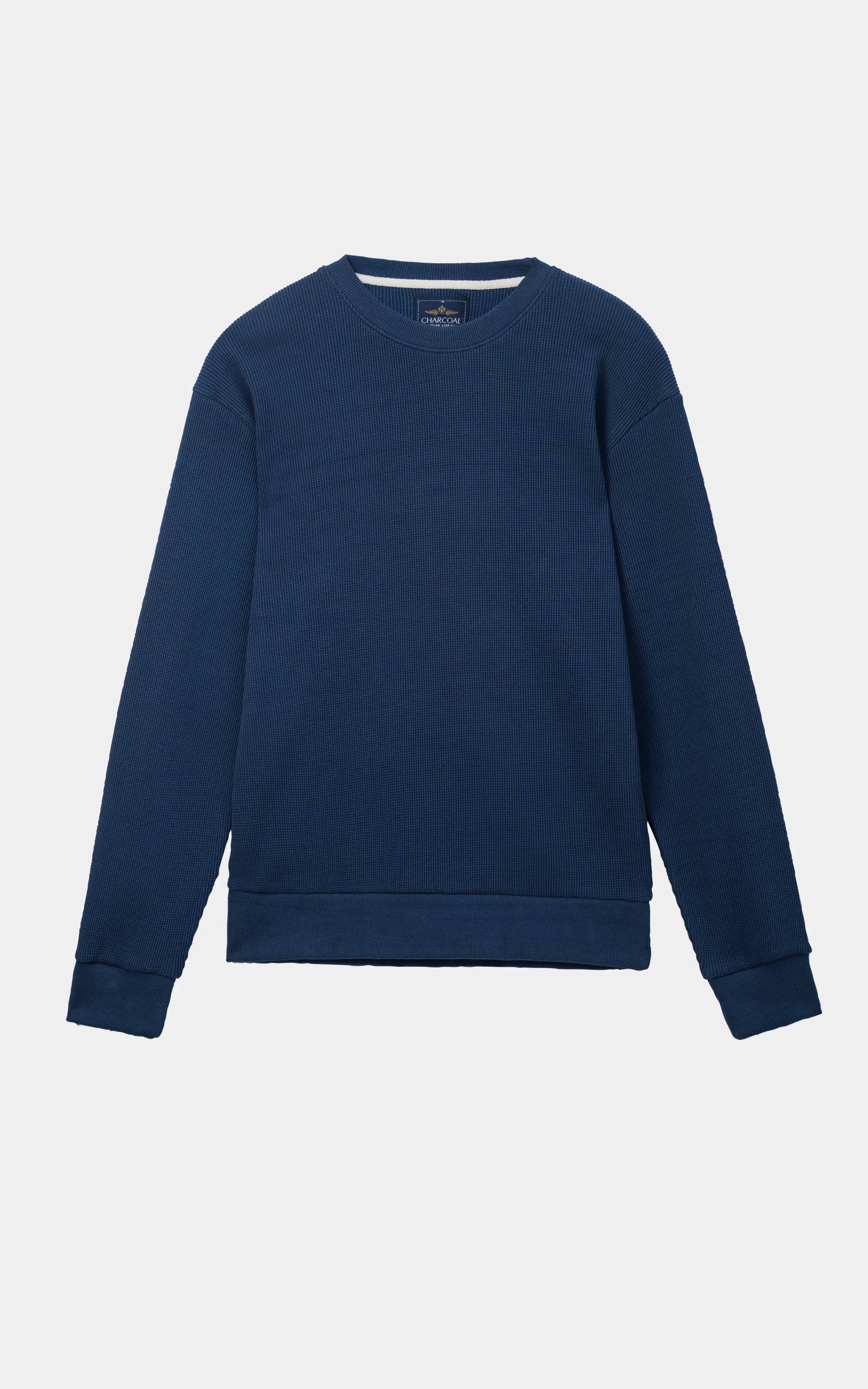 WAFFLE KNIT CREW NECK SWEATSHIRT BLUE