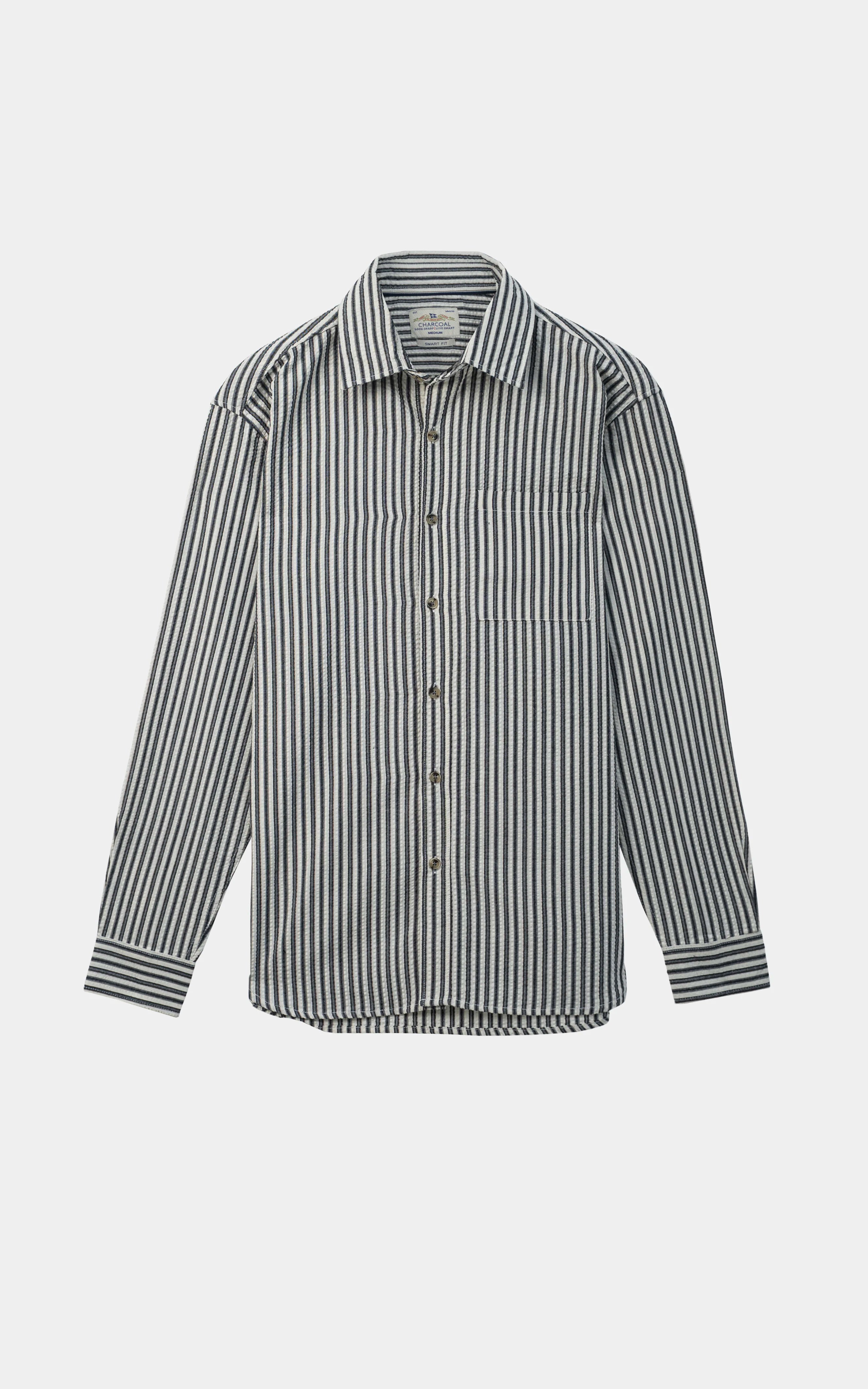 SEERSUCKER STRIPED CASUAL SHIRT BLACK WHITE