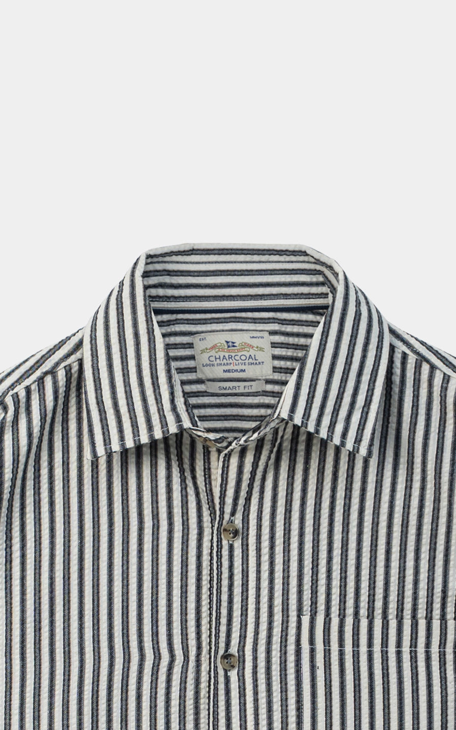 SEERSUCKER STRIPED CASUAL SHIRT BLACK WHITE