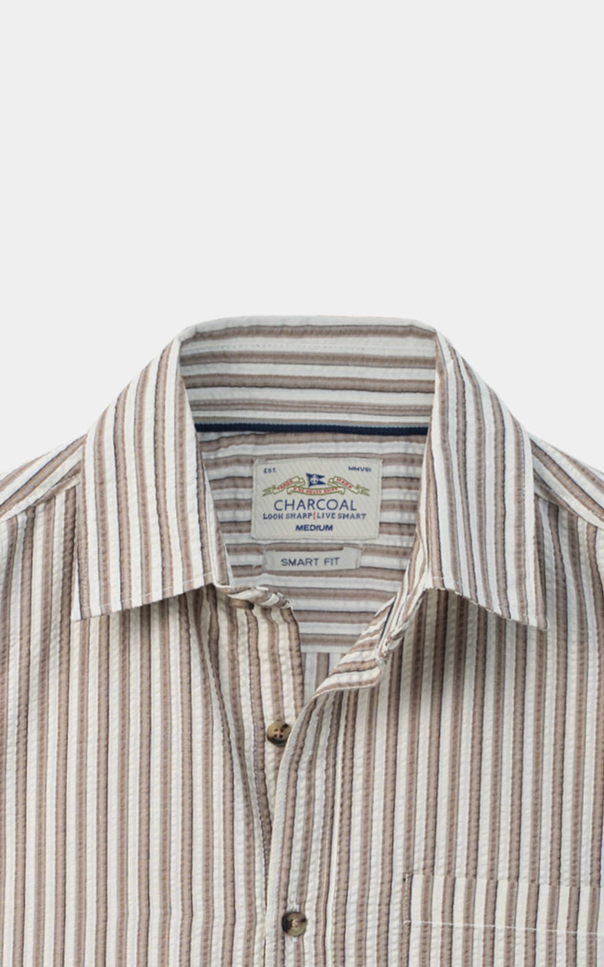 SEERSUCKER STRIPED CASUAL SHIRT KHAKI WHITE