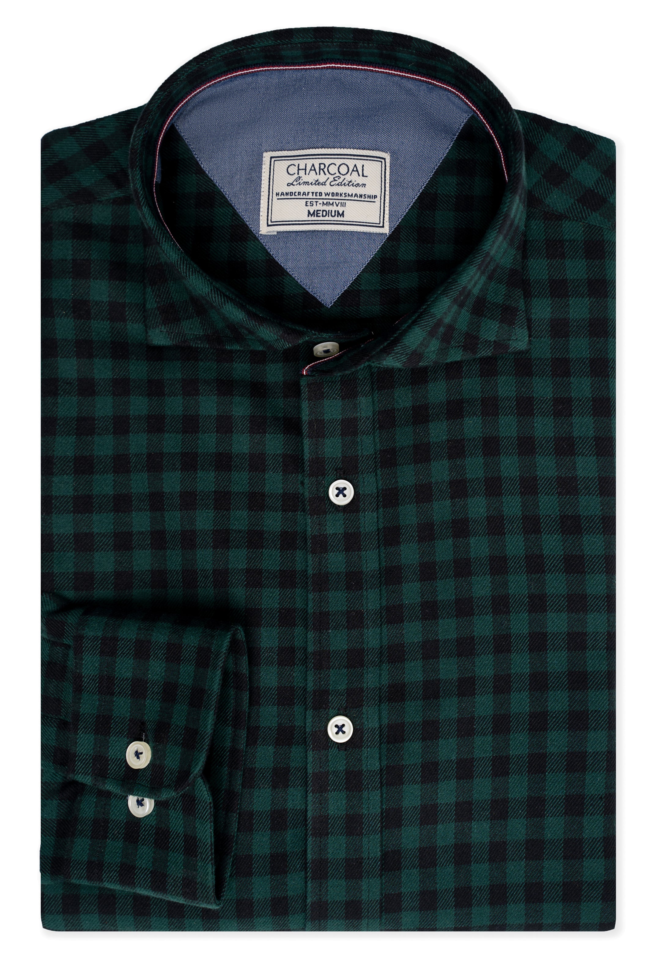Green and black check dress shirt with collar and buttons