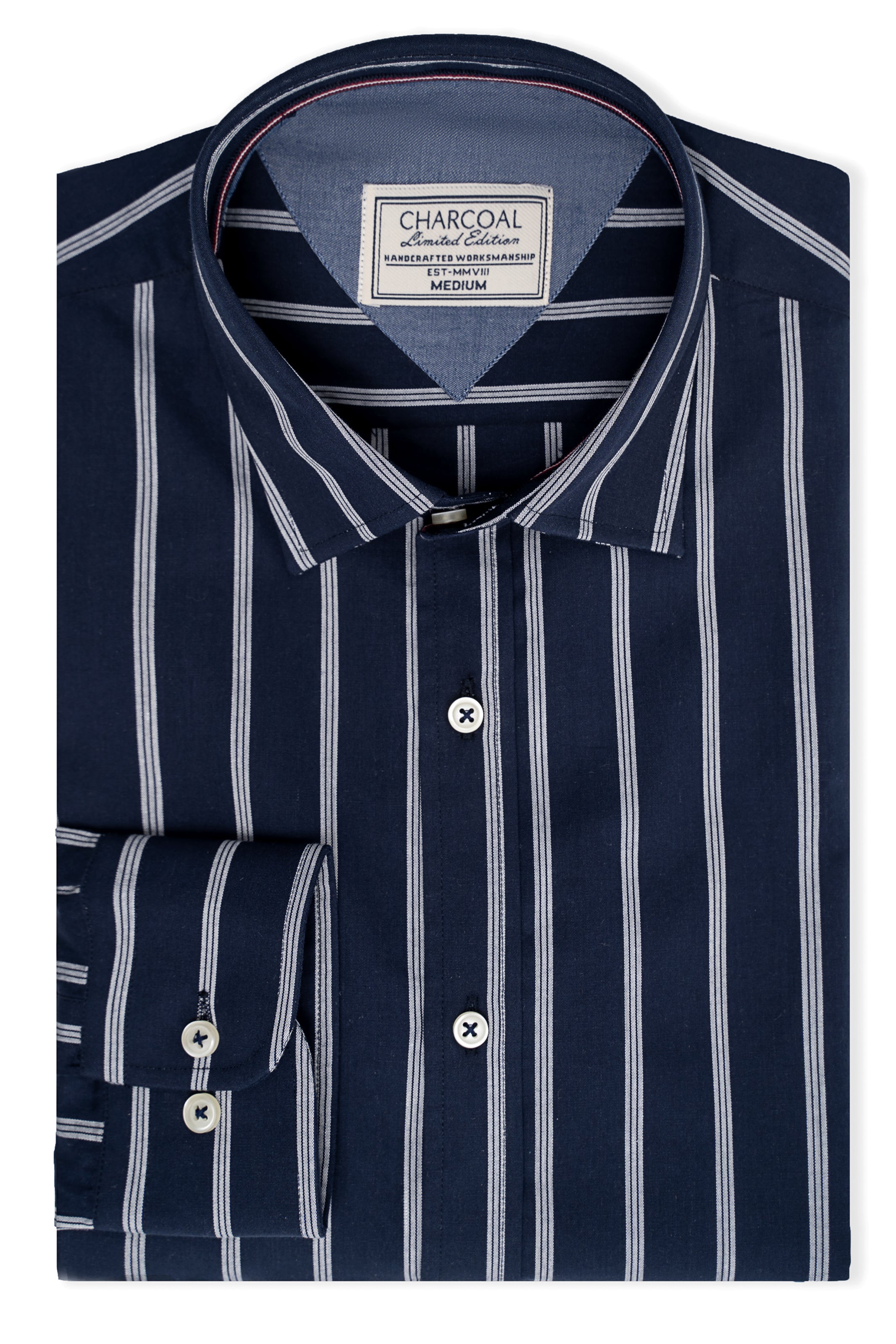Striped dress shirt with navy fabric and white vertical stripes, button front and collar