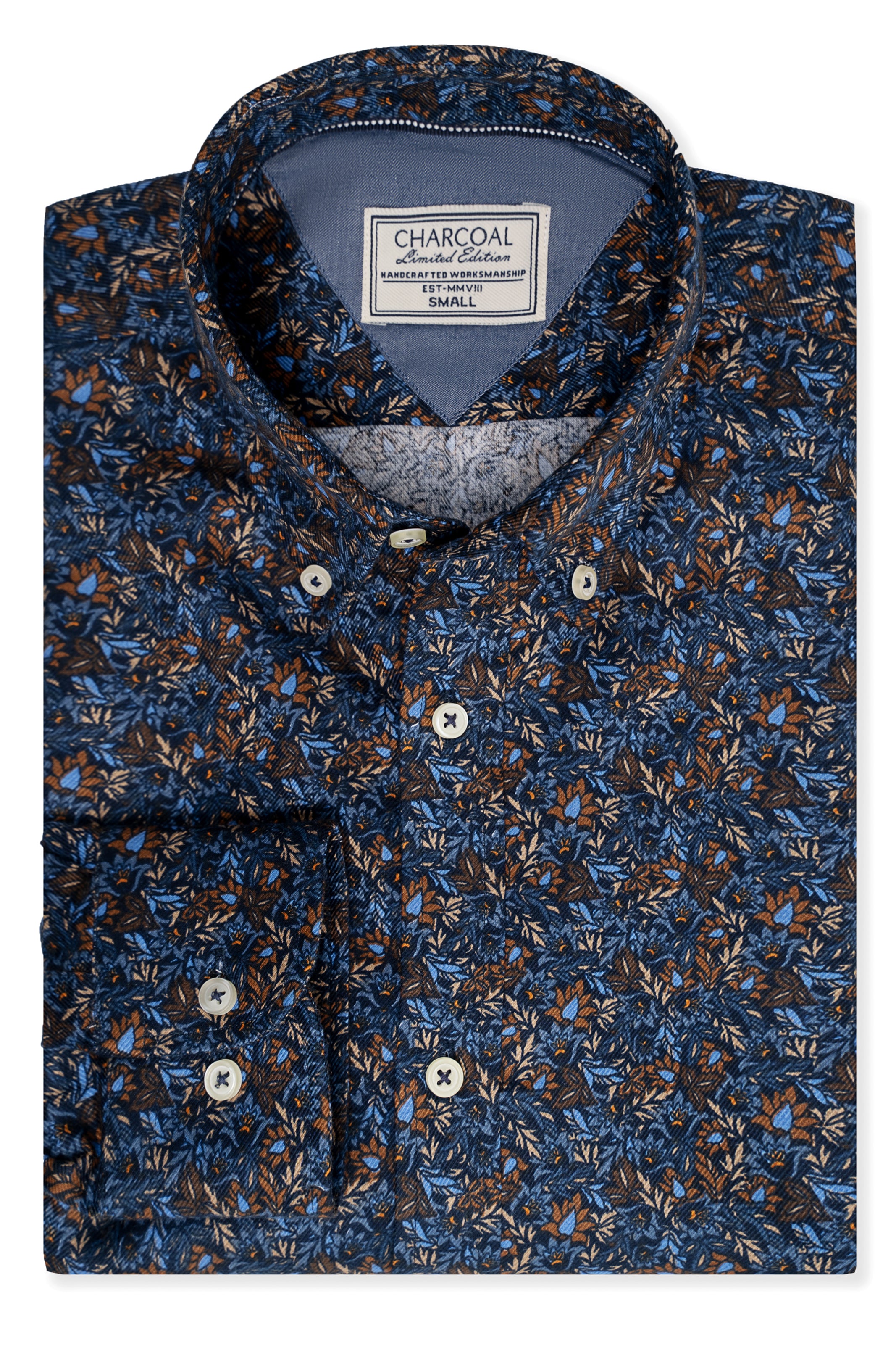 Navy printed button-up shirt with leaf pattern, spread collar, and white buttons