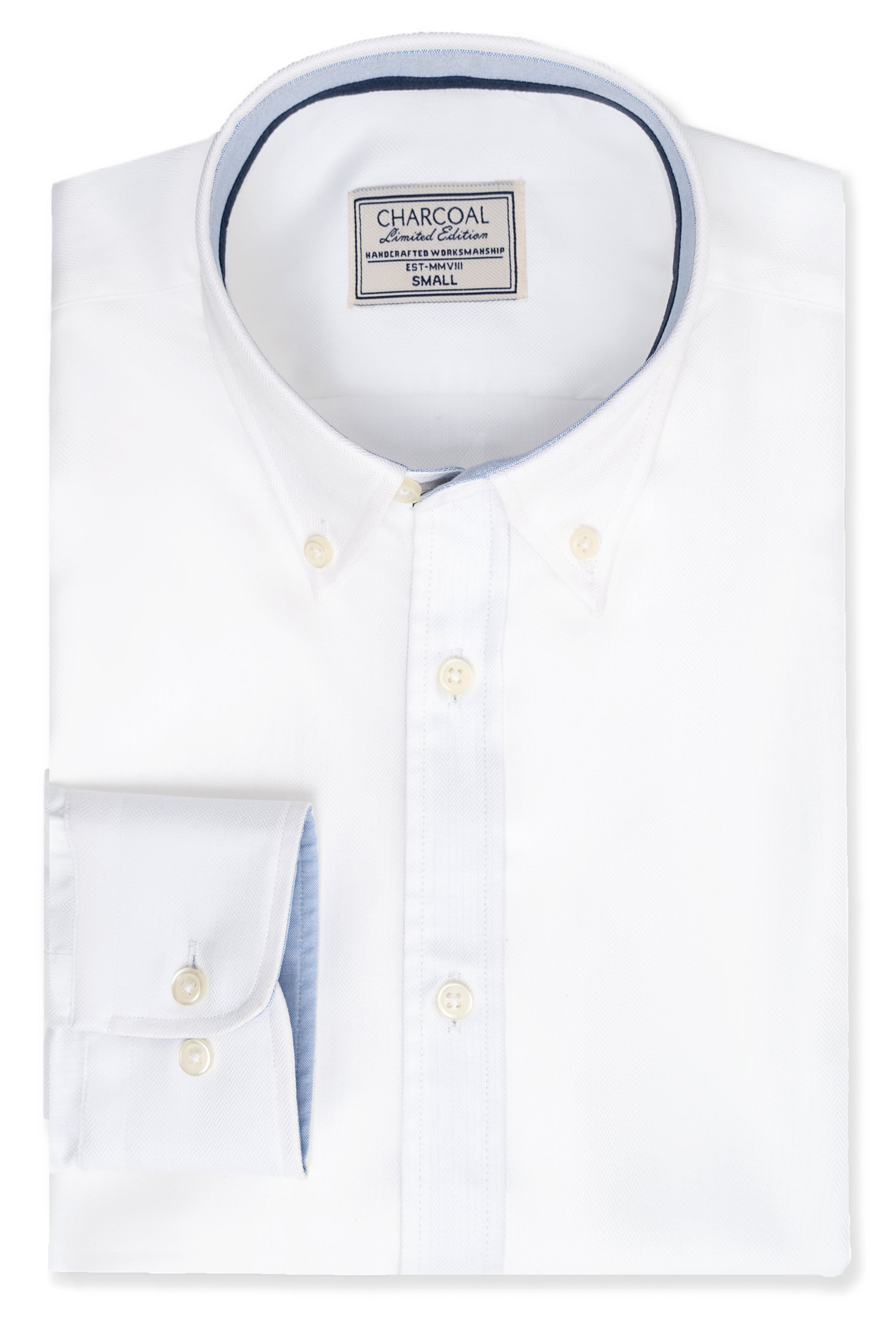 White button-up shirt with Charcoal neck label and dark blue inner collar trim