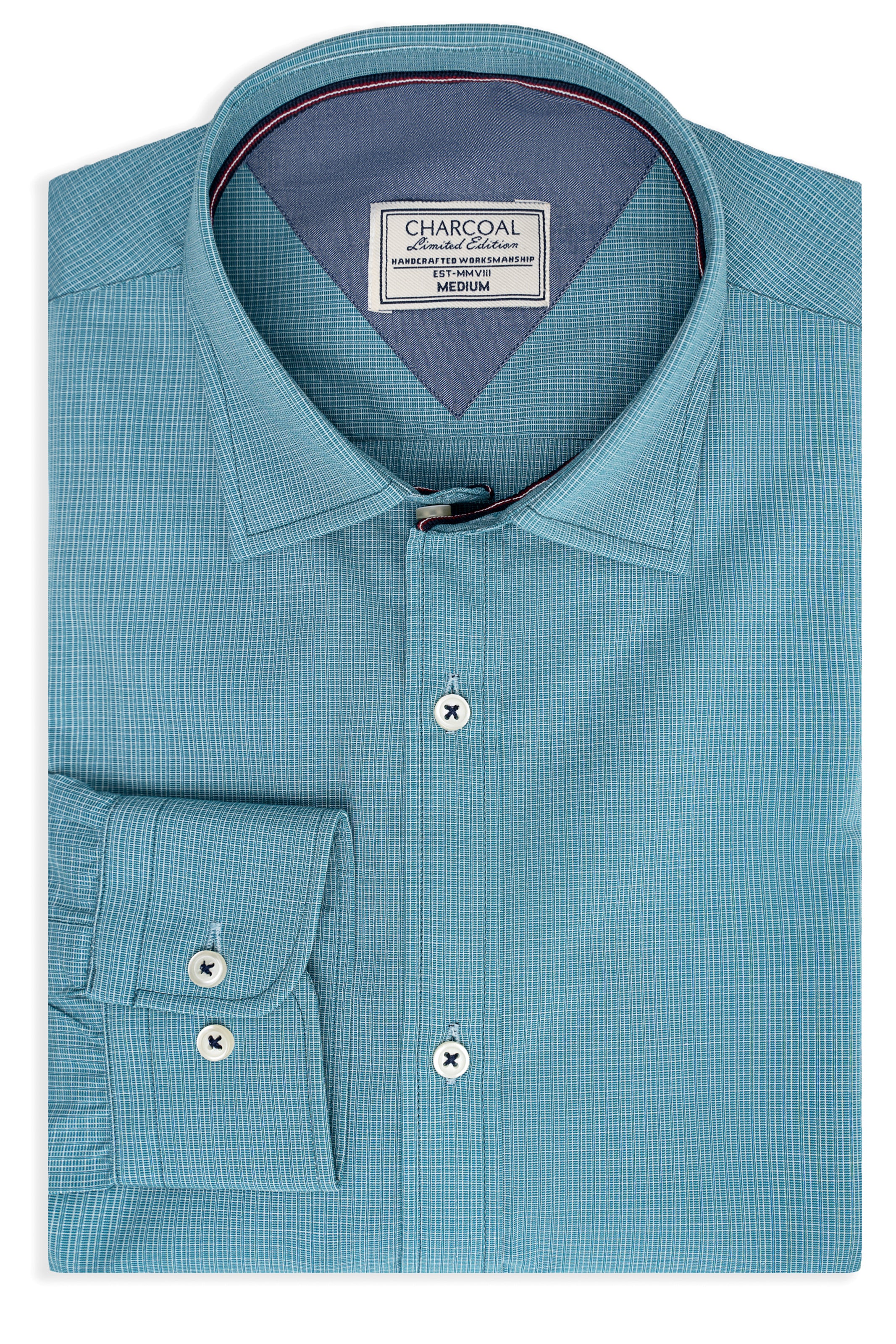 Aqua green textured dress shirt with button placket, collar, and chest pocket