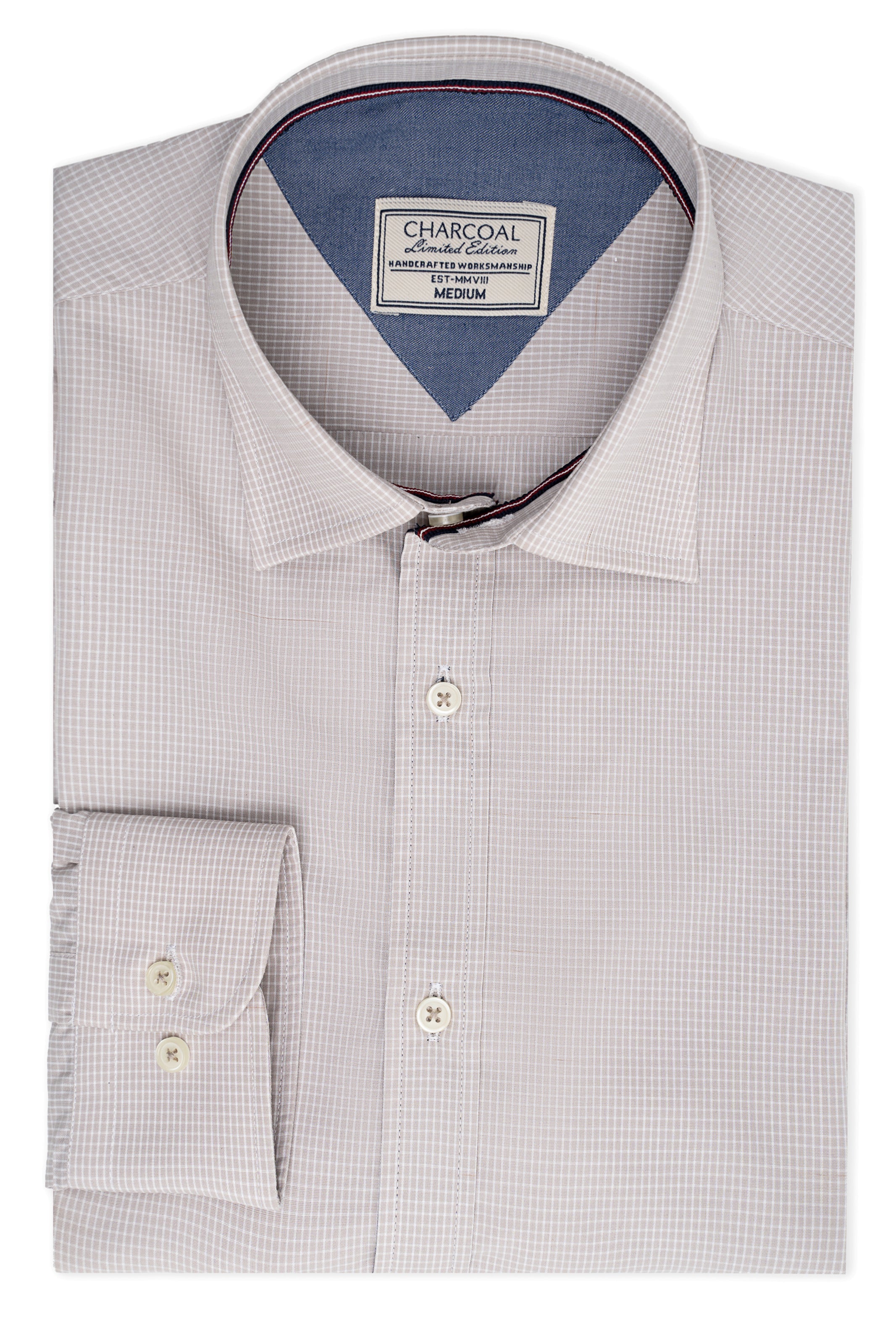 Light khaki check dress shirt with button-down collar and placket, long sleeves