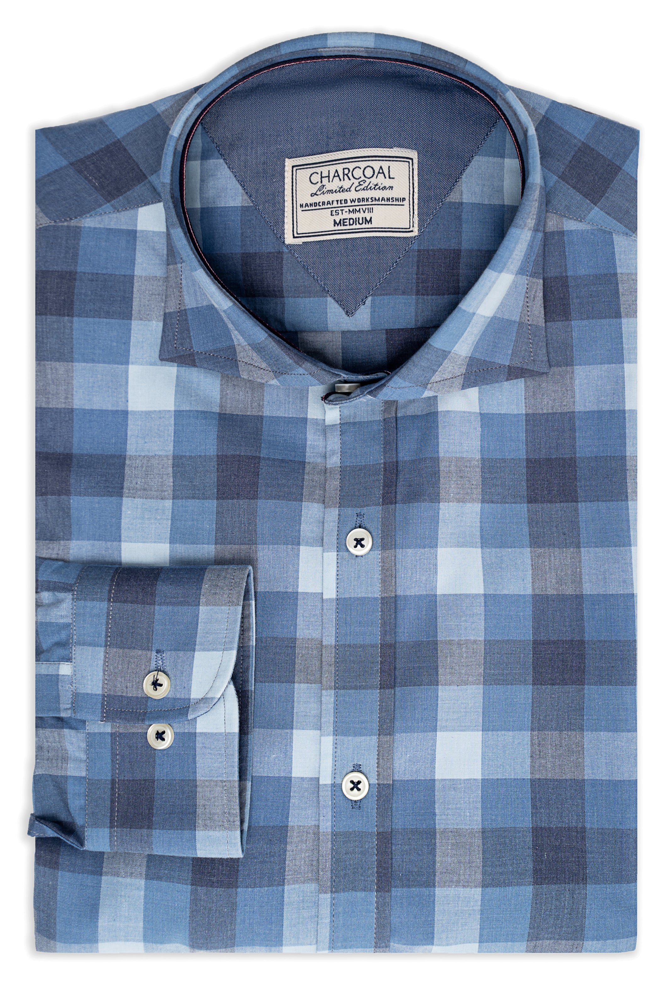 Blue-gray check dress shirt with button placket and spread collar