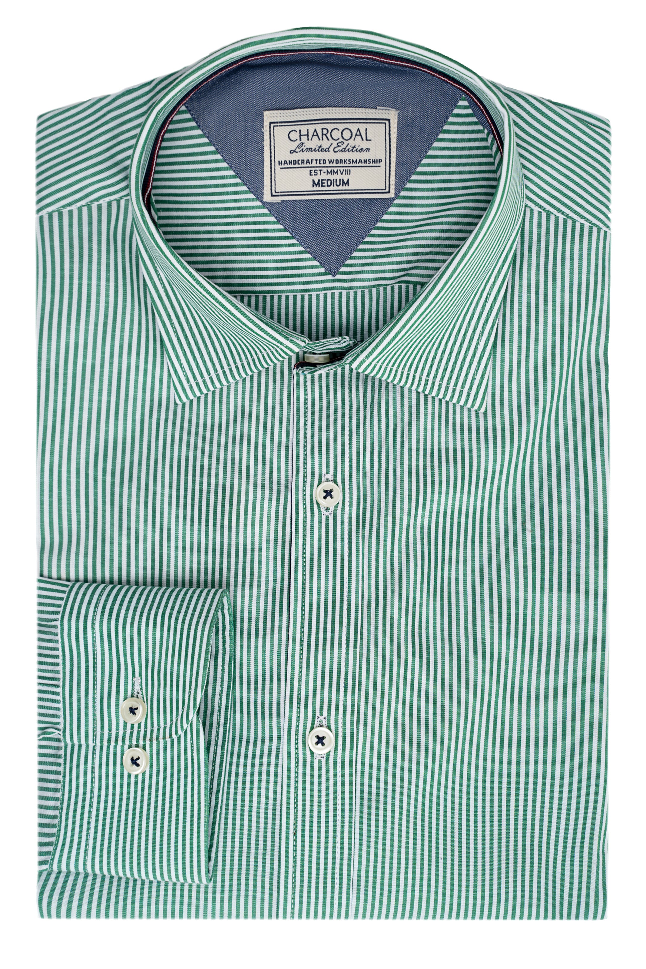Green striped button-up shirt with spread collar and button placket