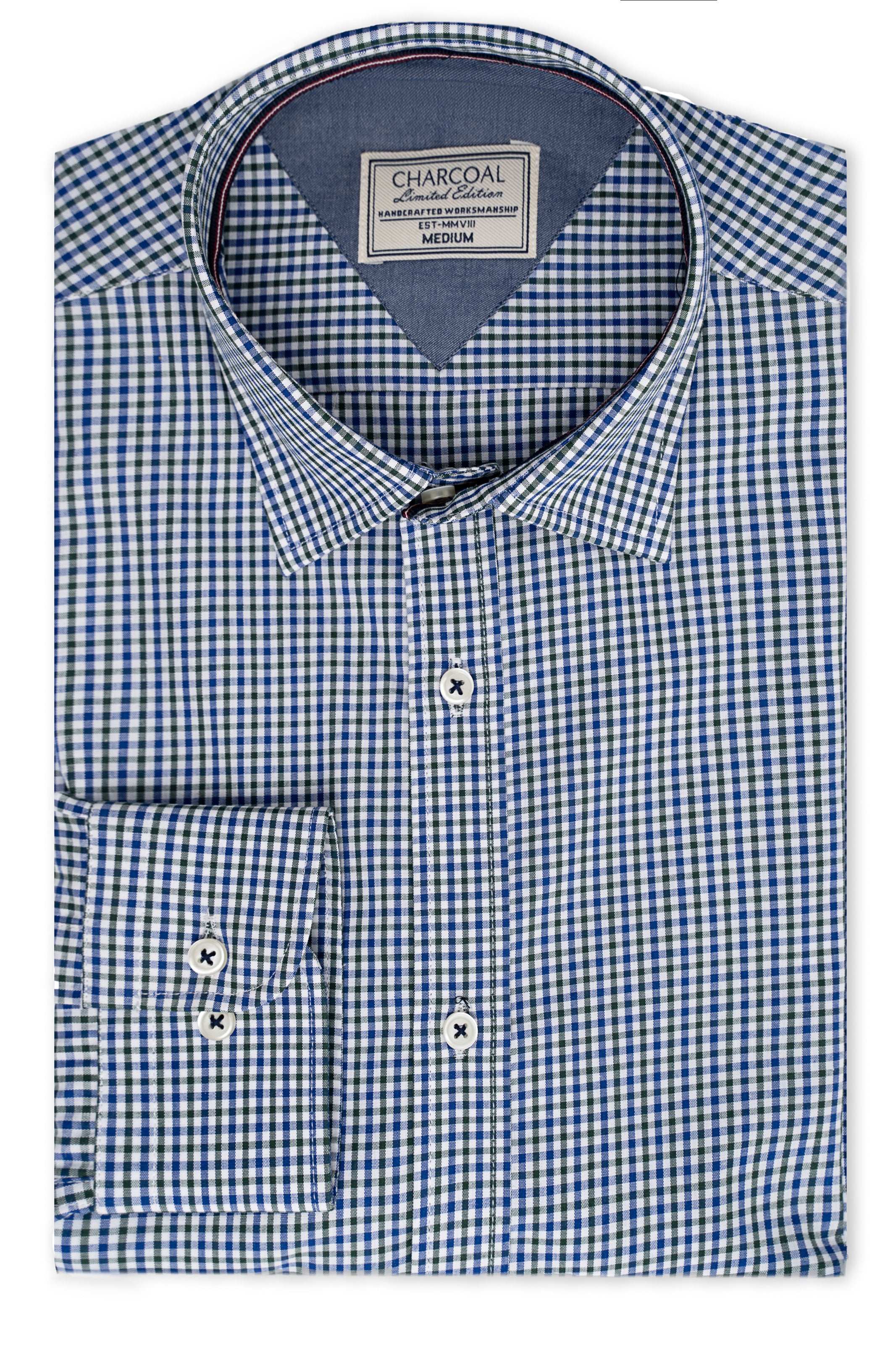 Blue green check dress shirt with button-down collar and front placket