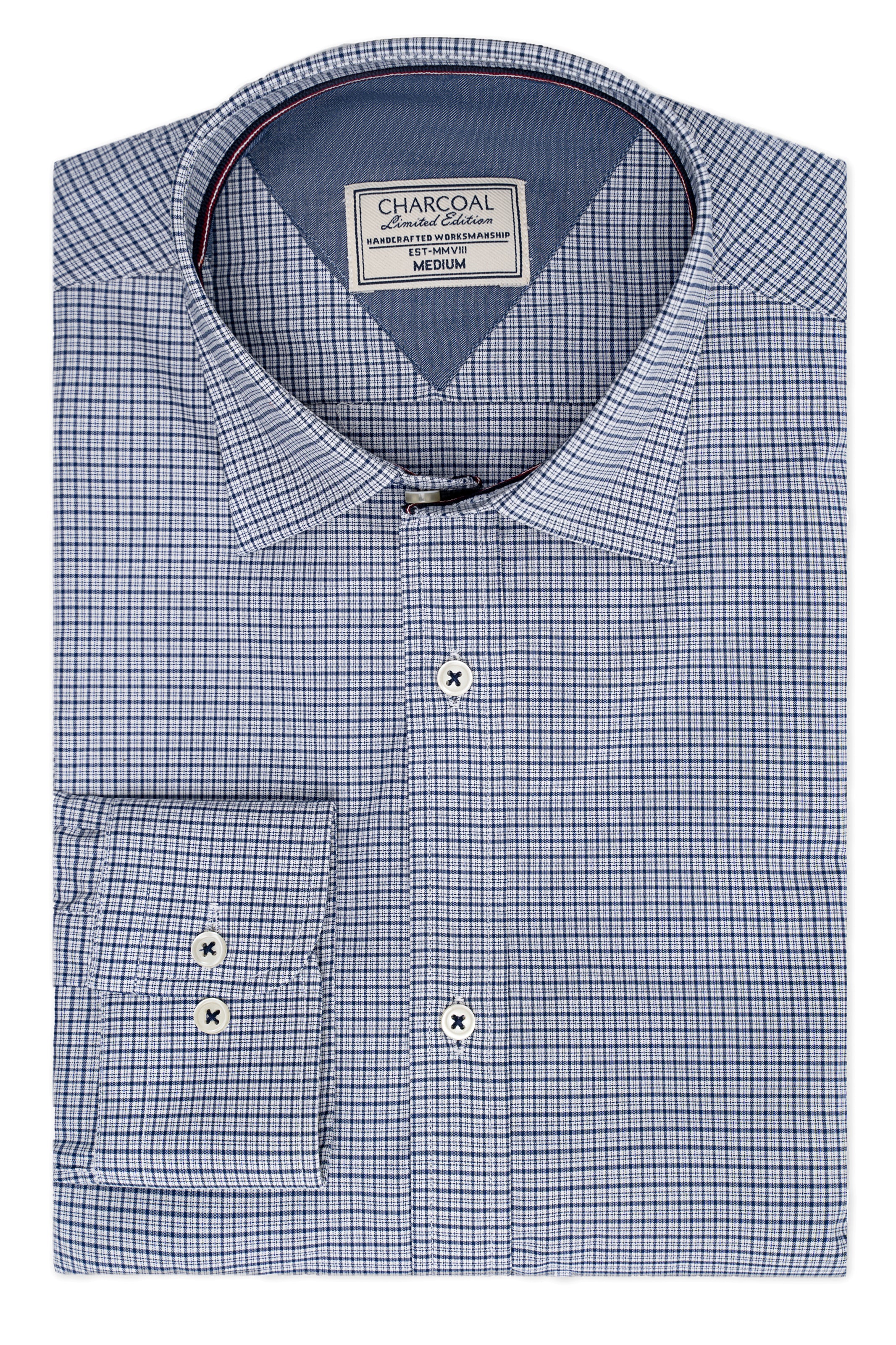 Blue and white check button-up shirt with spread collar and front buttons