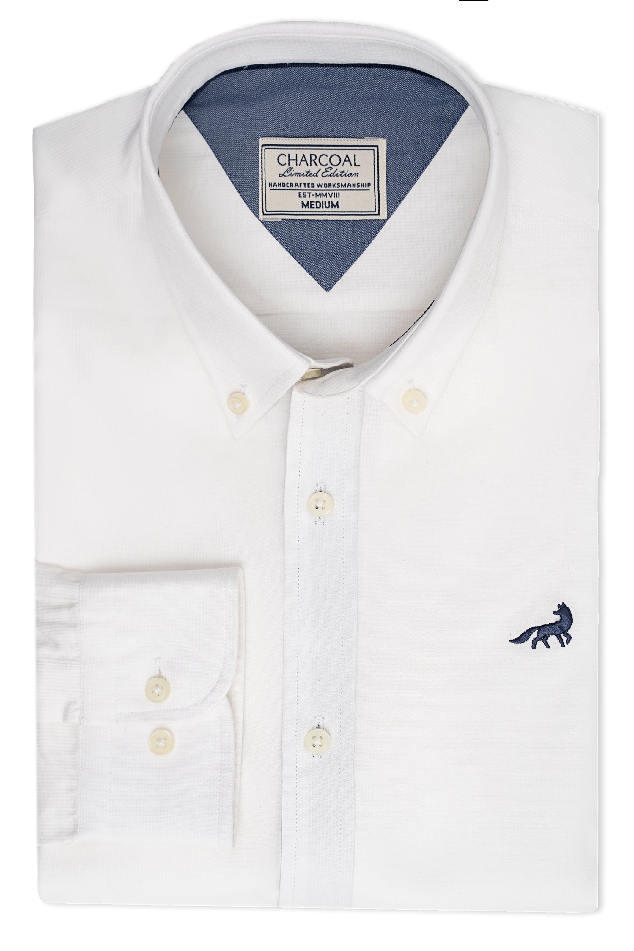 White button-up shirt with button placket, collar, and small dinosaur logo