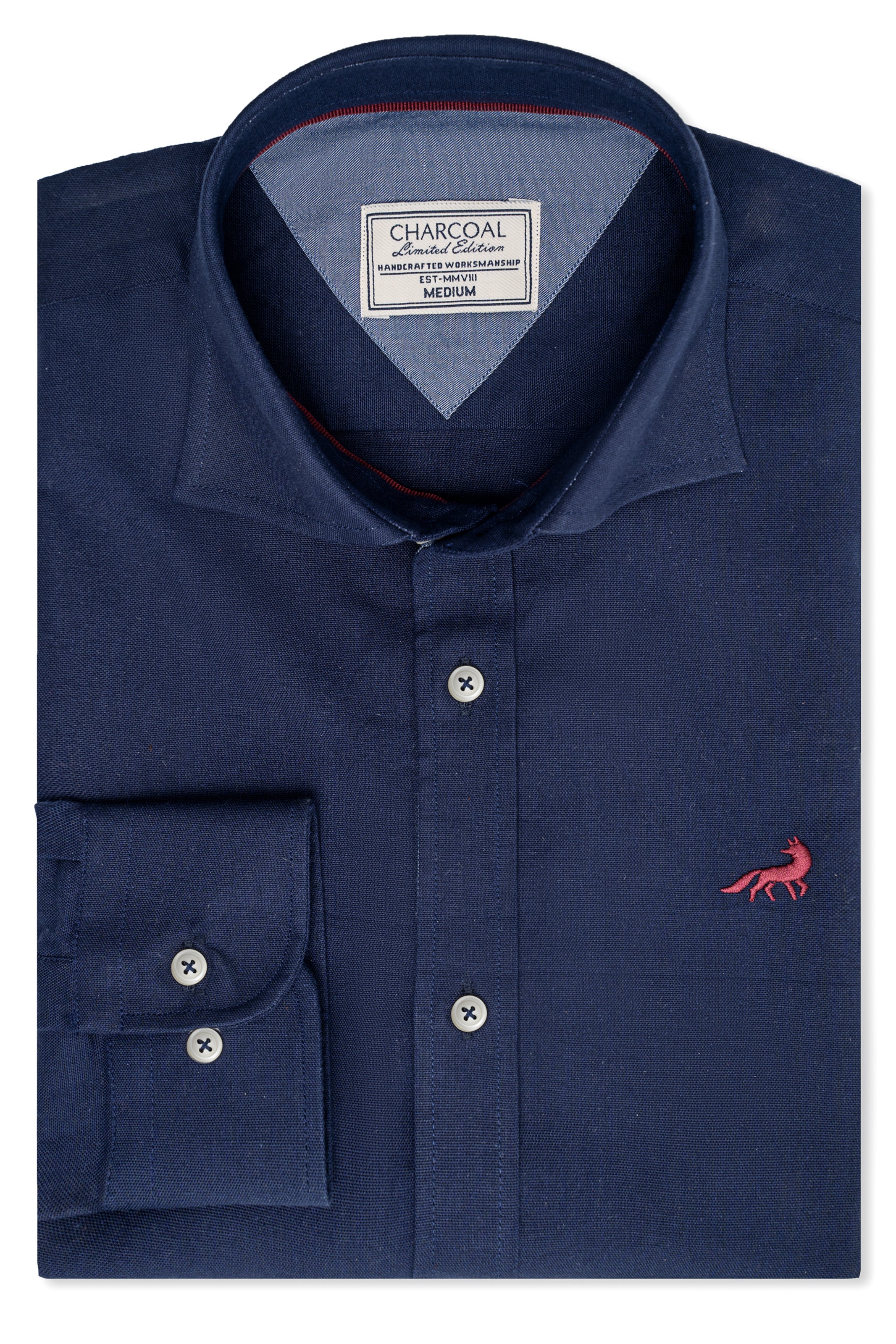 Dark navy button-up shirt with button placket and small chest logo