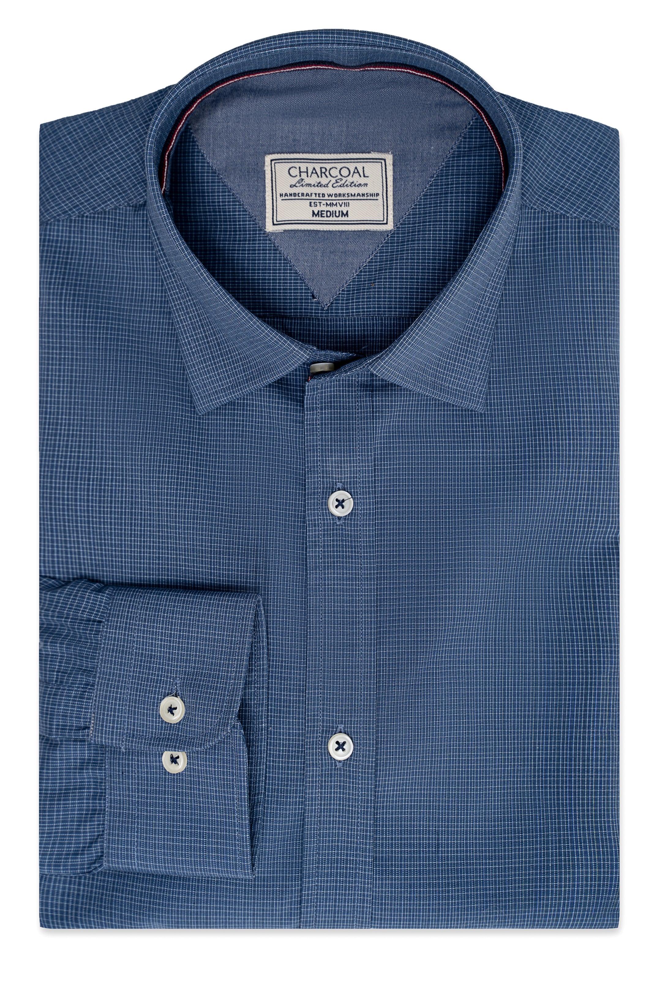 Dark blue textured dress shirt with buttoned collar and double button cuffs
