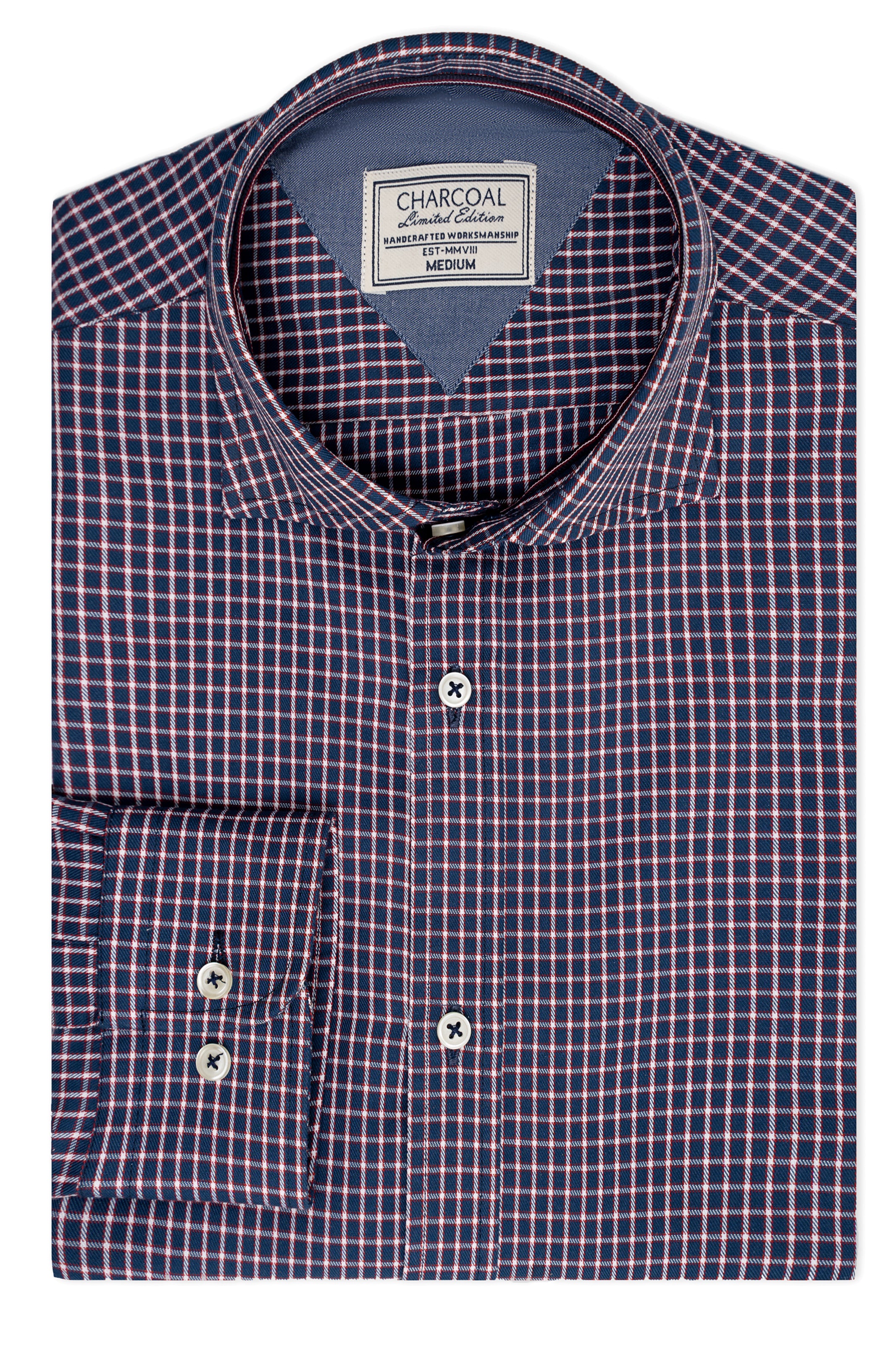 Limited edition check shirt with red and black plaid front, button placket, and collar