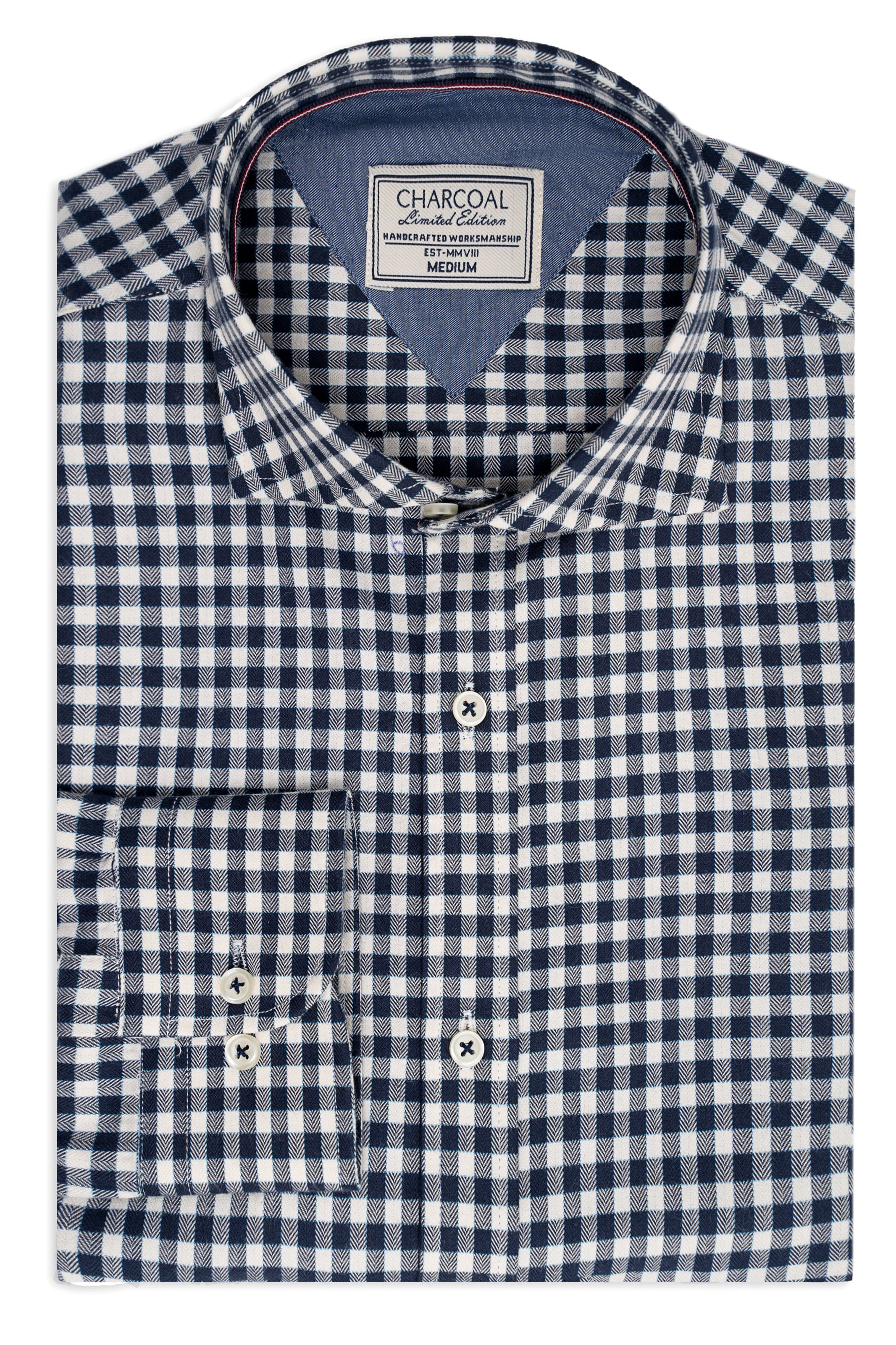 Blue and white check button-up shirt with pointed collar and front placket