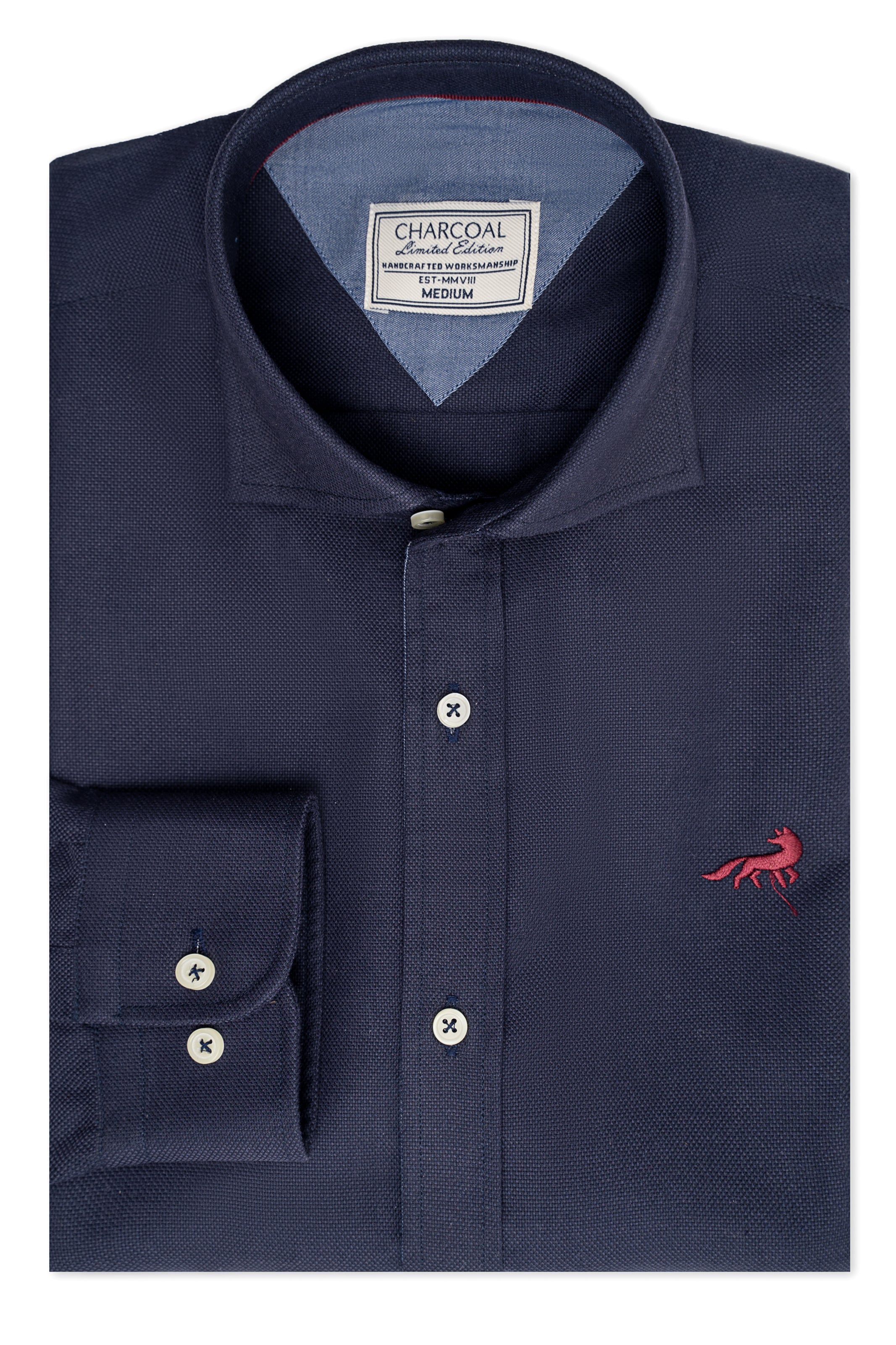 Navy button-up shirt with spread collar and small chest logo embroidery