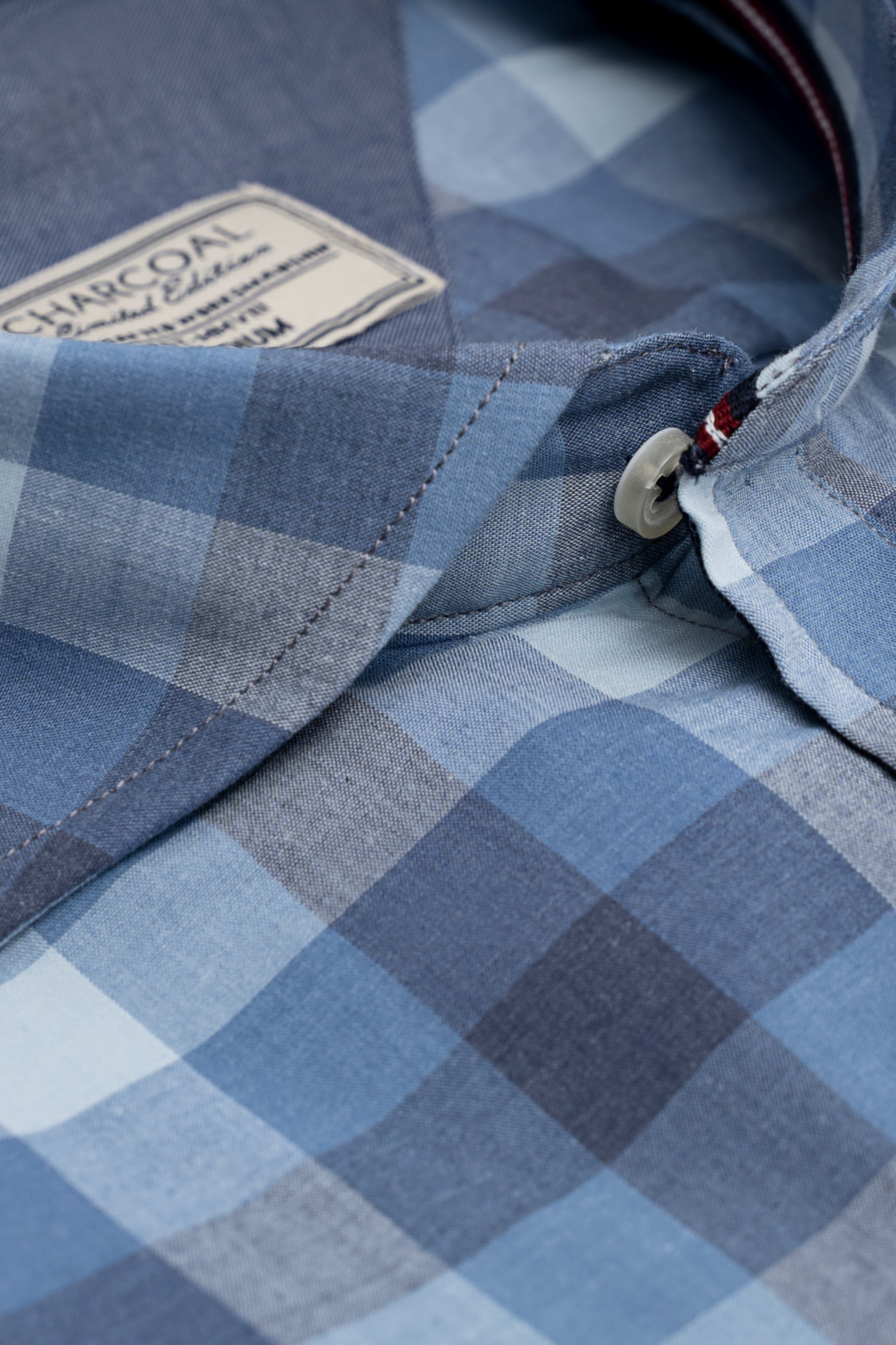 Blue-gray check shirt collar with button and stitched inner placket, CHARCOAL label