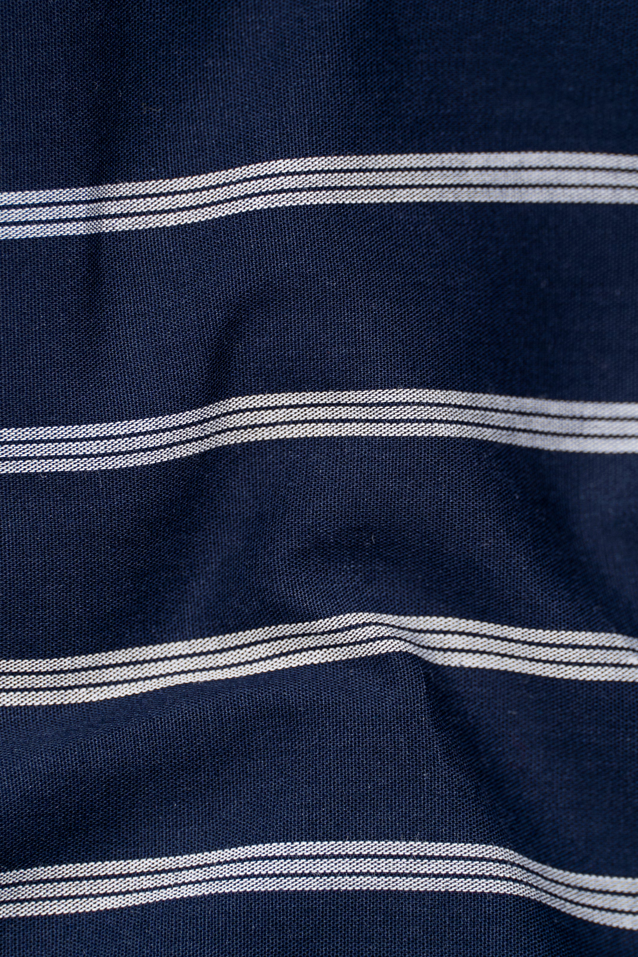 Navy striped shirt fabric closeup with white horizontal stripe lines