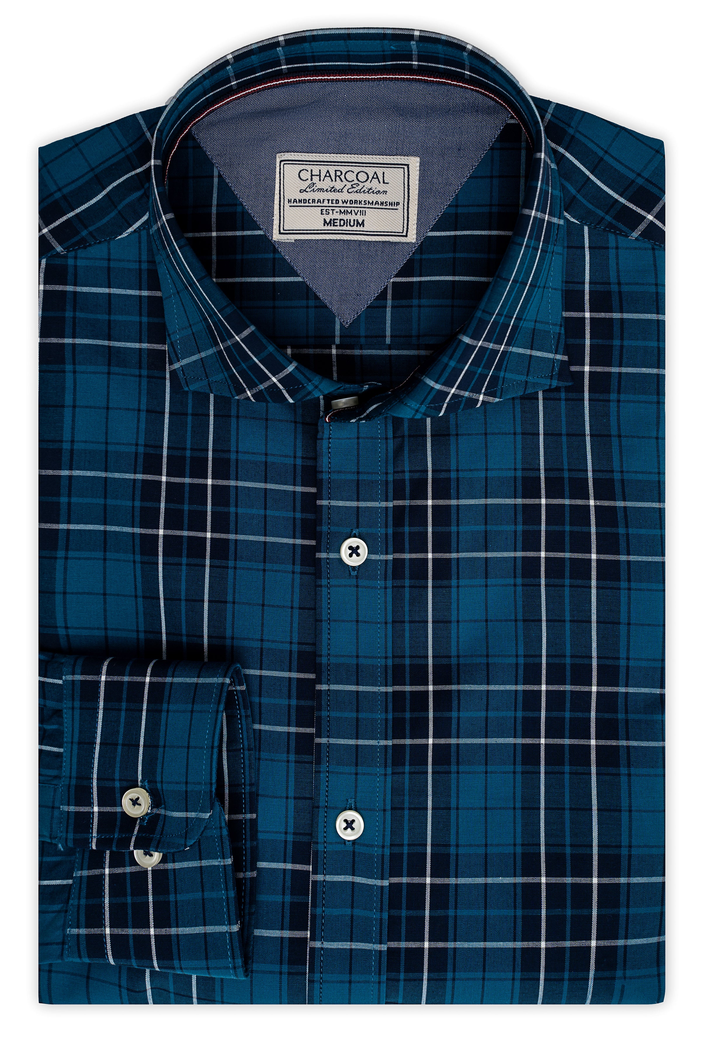 Blue check button-up shirt with spread collar and chest pocket, dark button placket