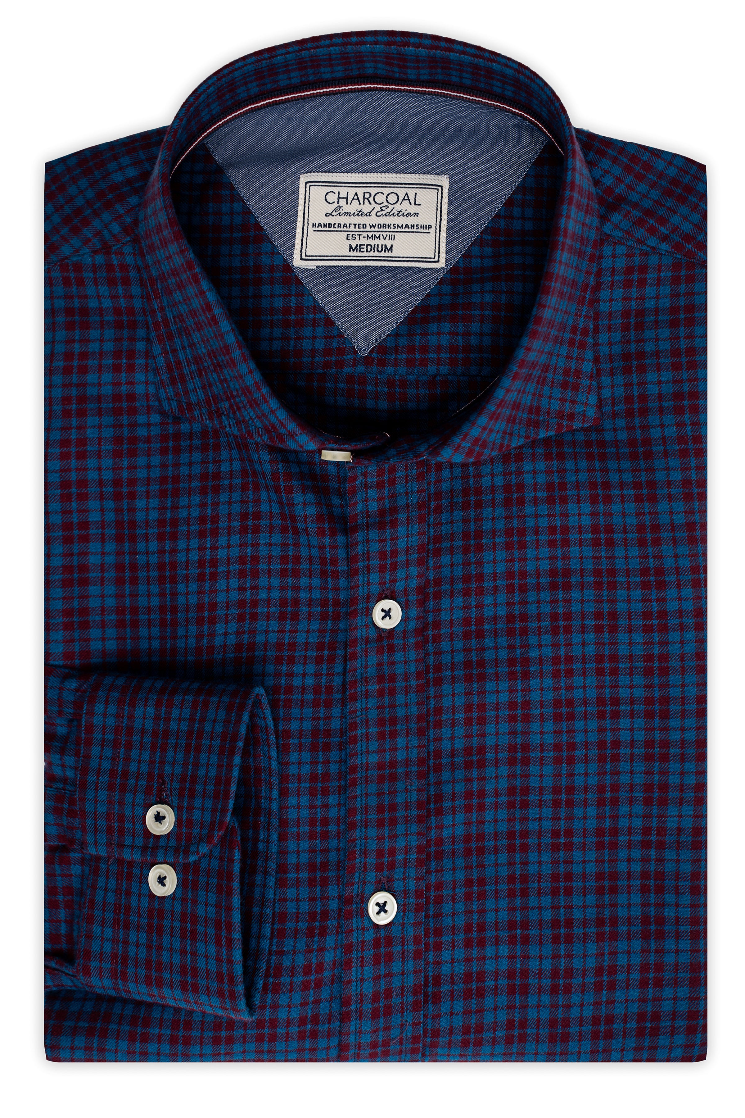 Blue and maroon check dress shirt with button placket and pointed collar