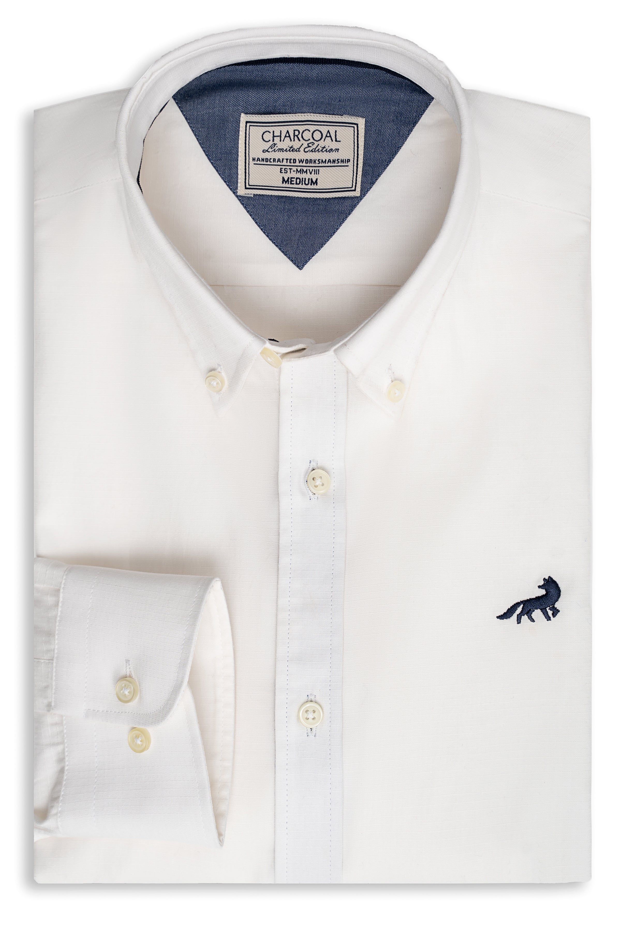 White button-up shirt with button placket and small chest logo