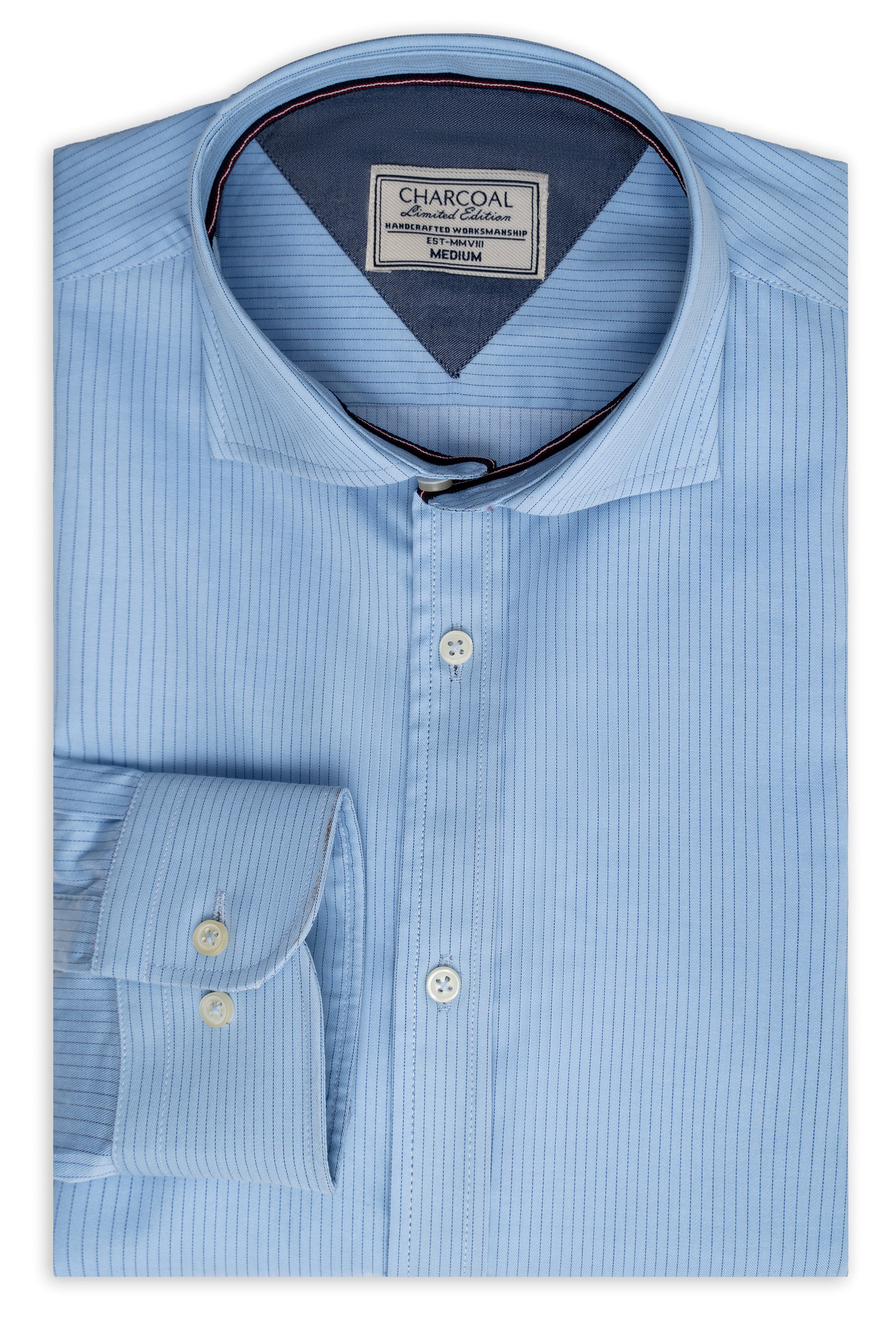 Sky blue striped dress shirt with button-front and spread collar