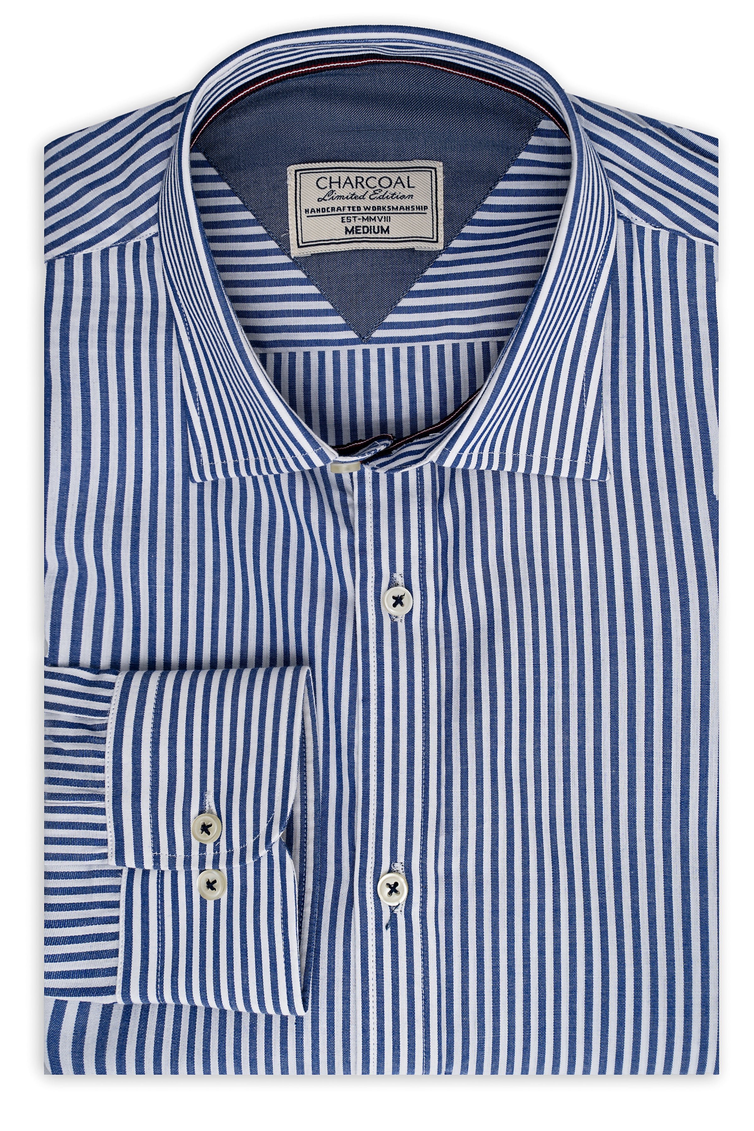 Sky blue and white striped dress shirt, button front and cuffs