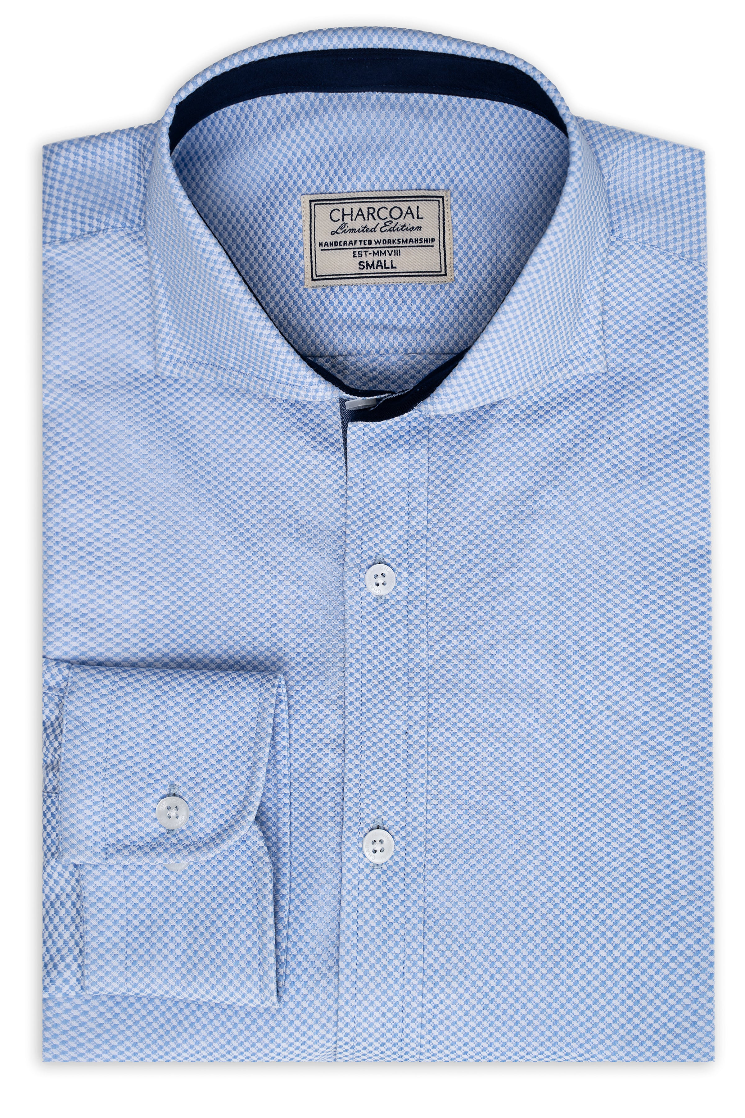 Sky blue dress shirt, geometric pattern, button placket, dark inner collar