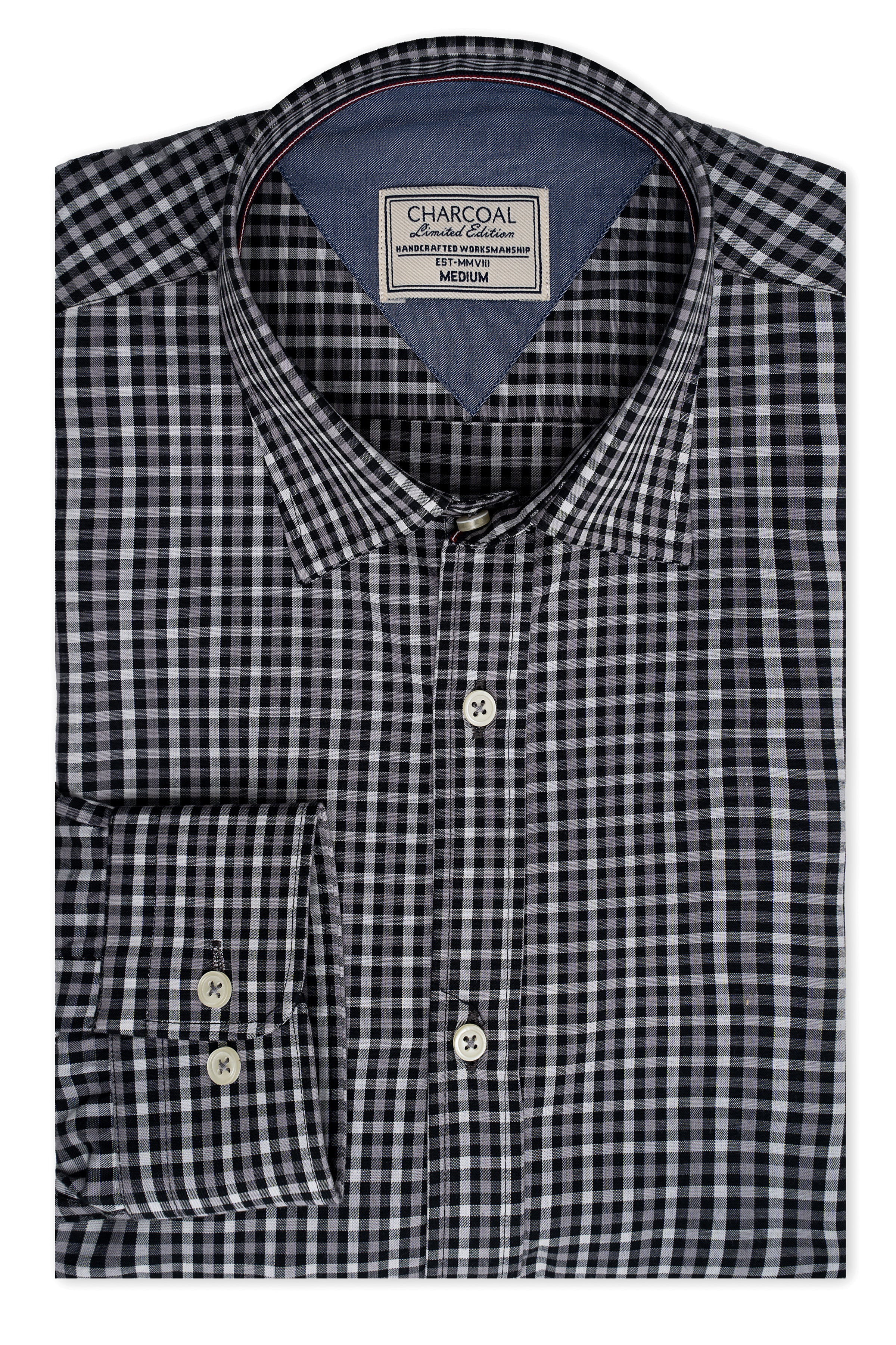 Black and white check button-up shirt with collar and label