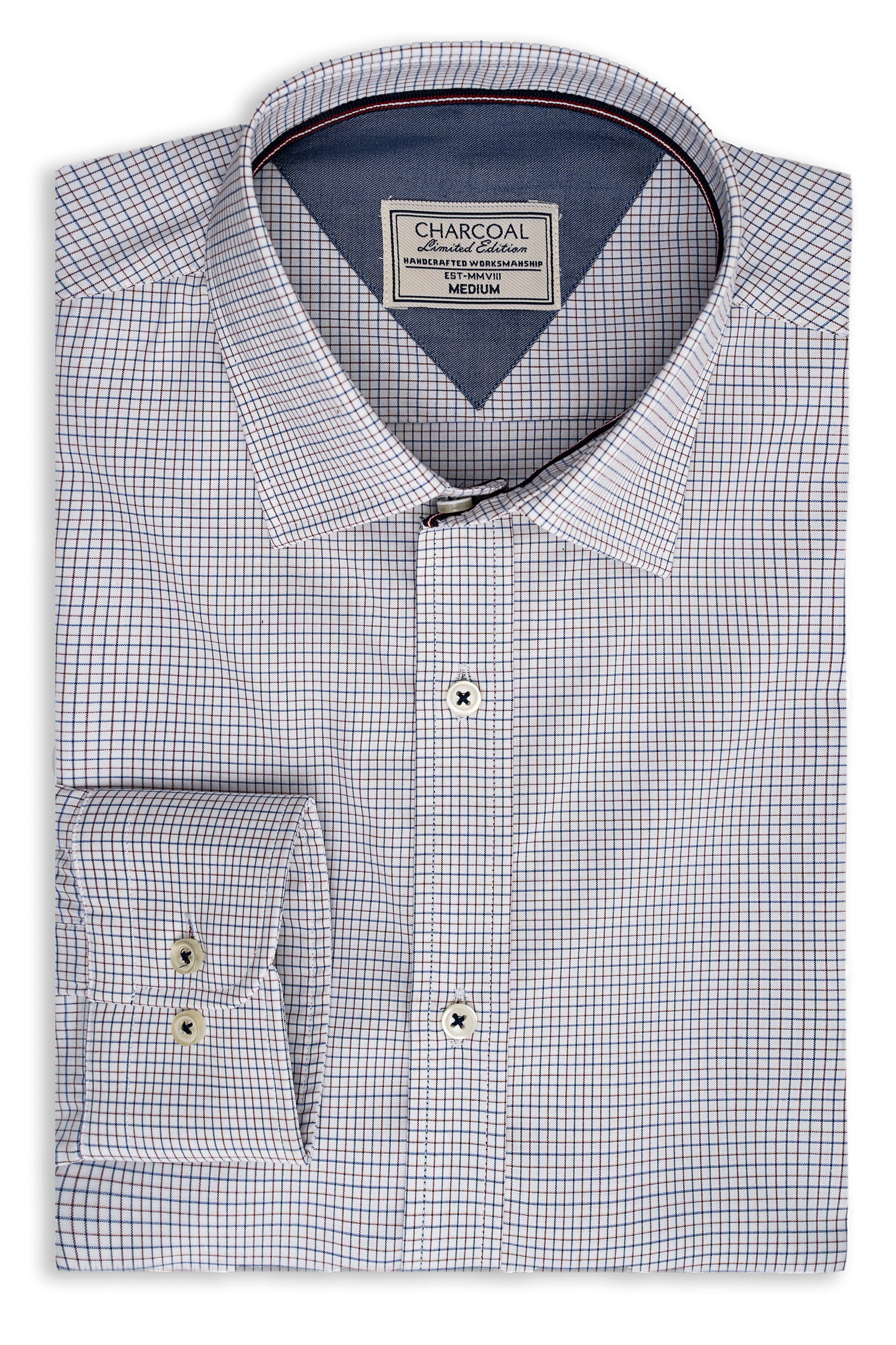 Limited edition dress shirt, white with dark check, button-front and pointed collar