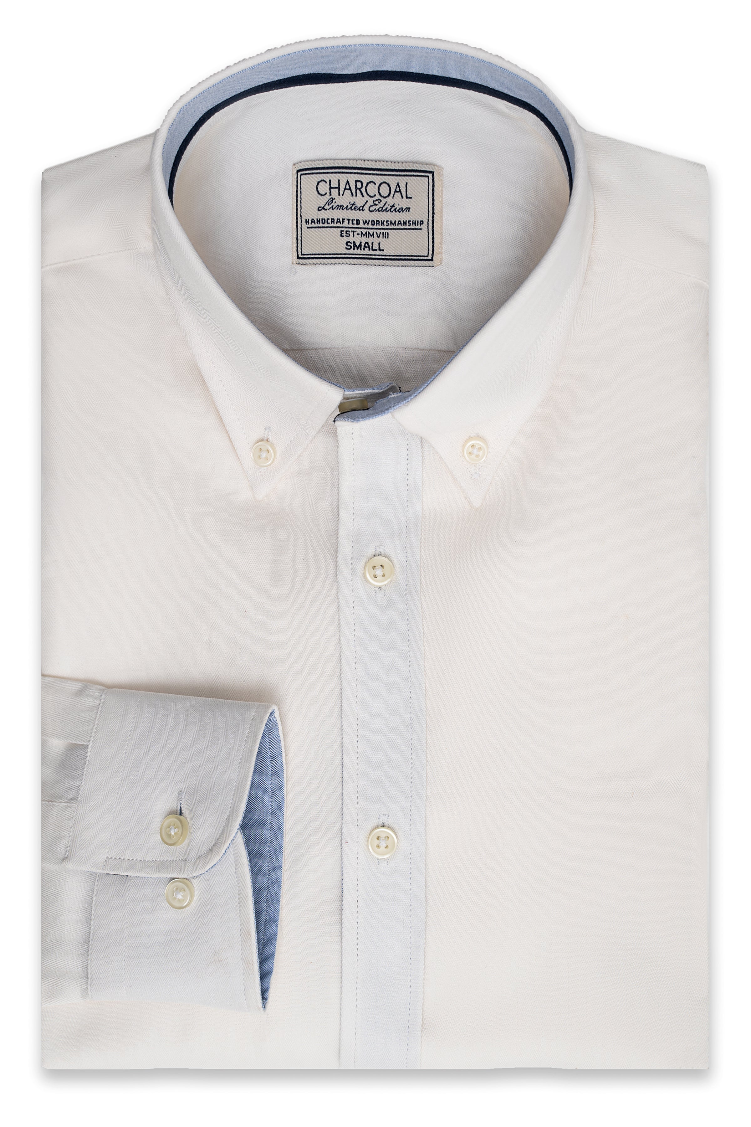 White button-up shirt with pointed collar and button front