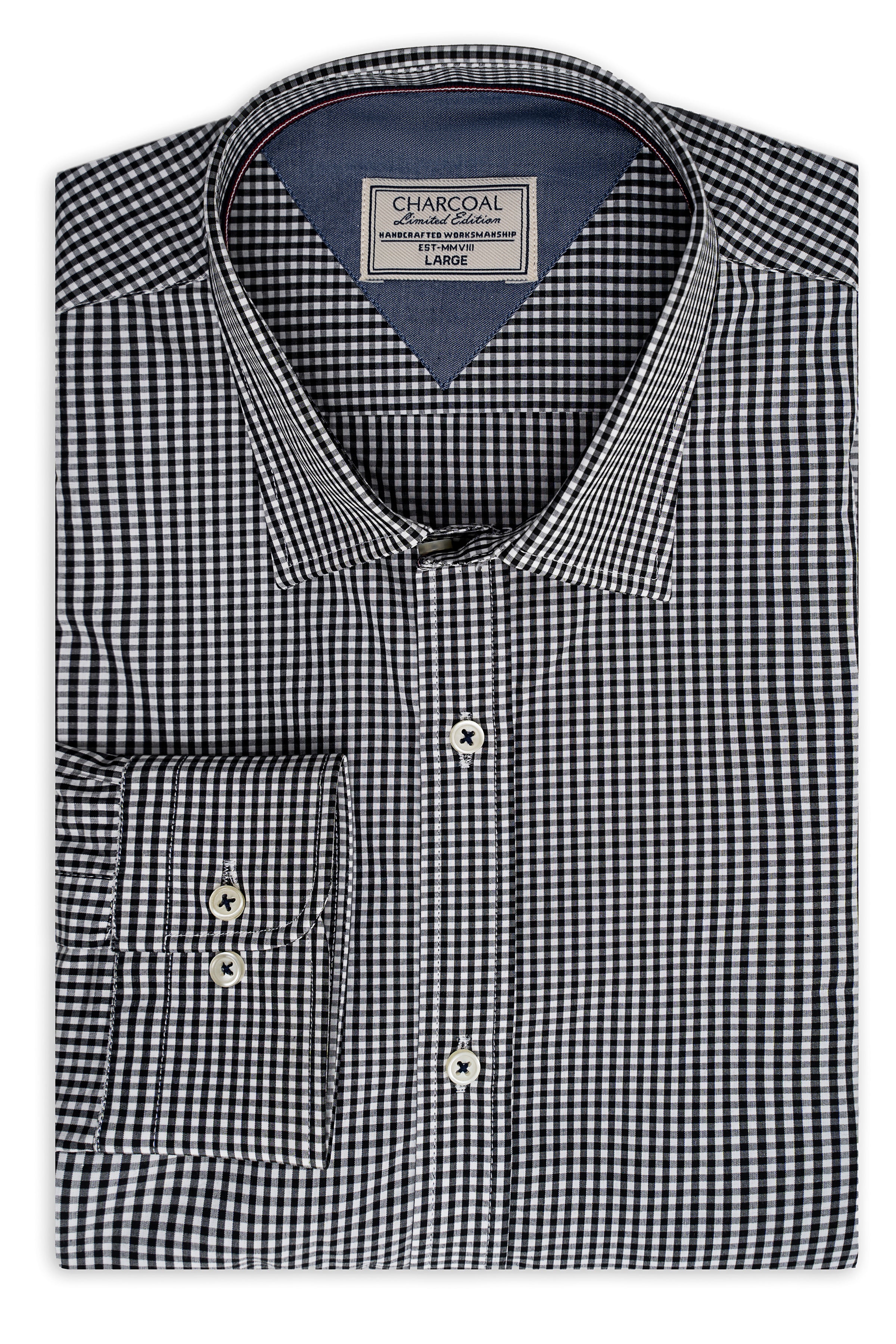 Black-and-white checked dress shirt with buttoned placket and spread collar