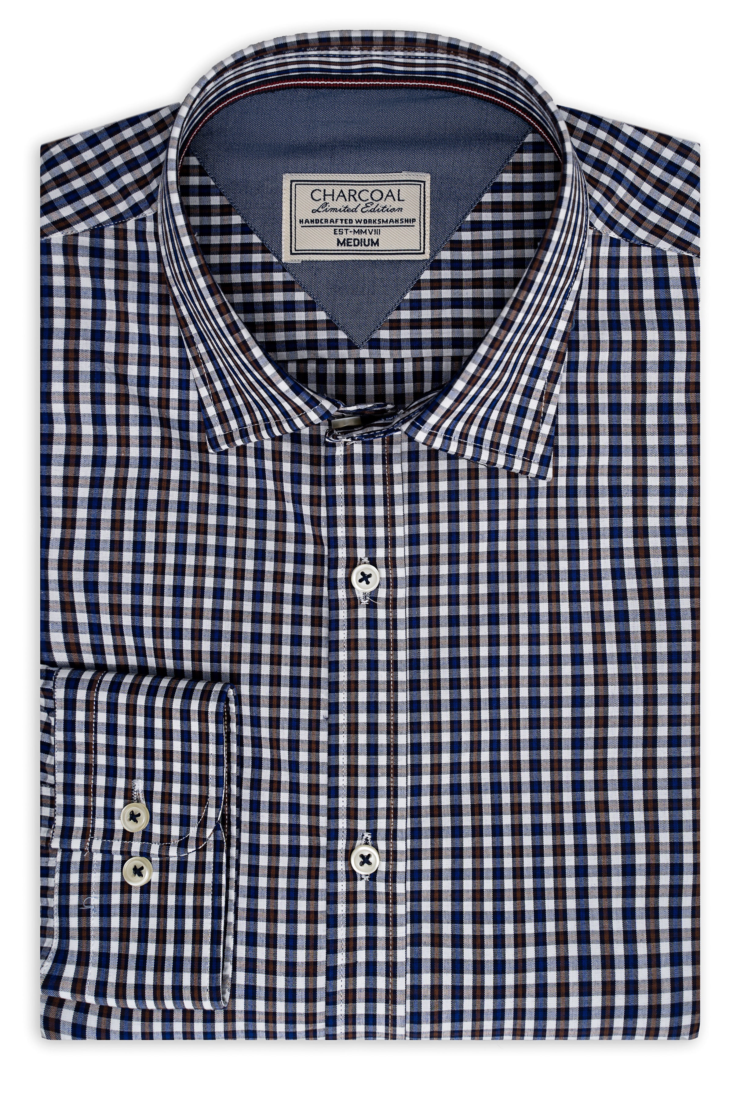 Blue, white and brown check dress shirt with button placket and collared neckline