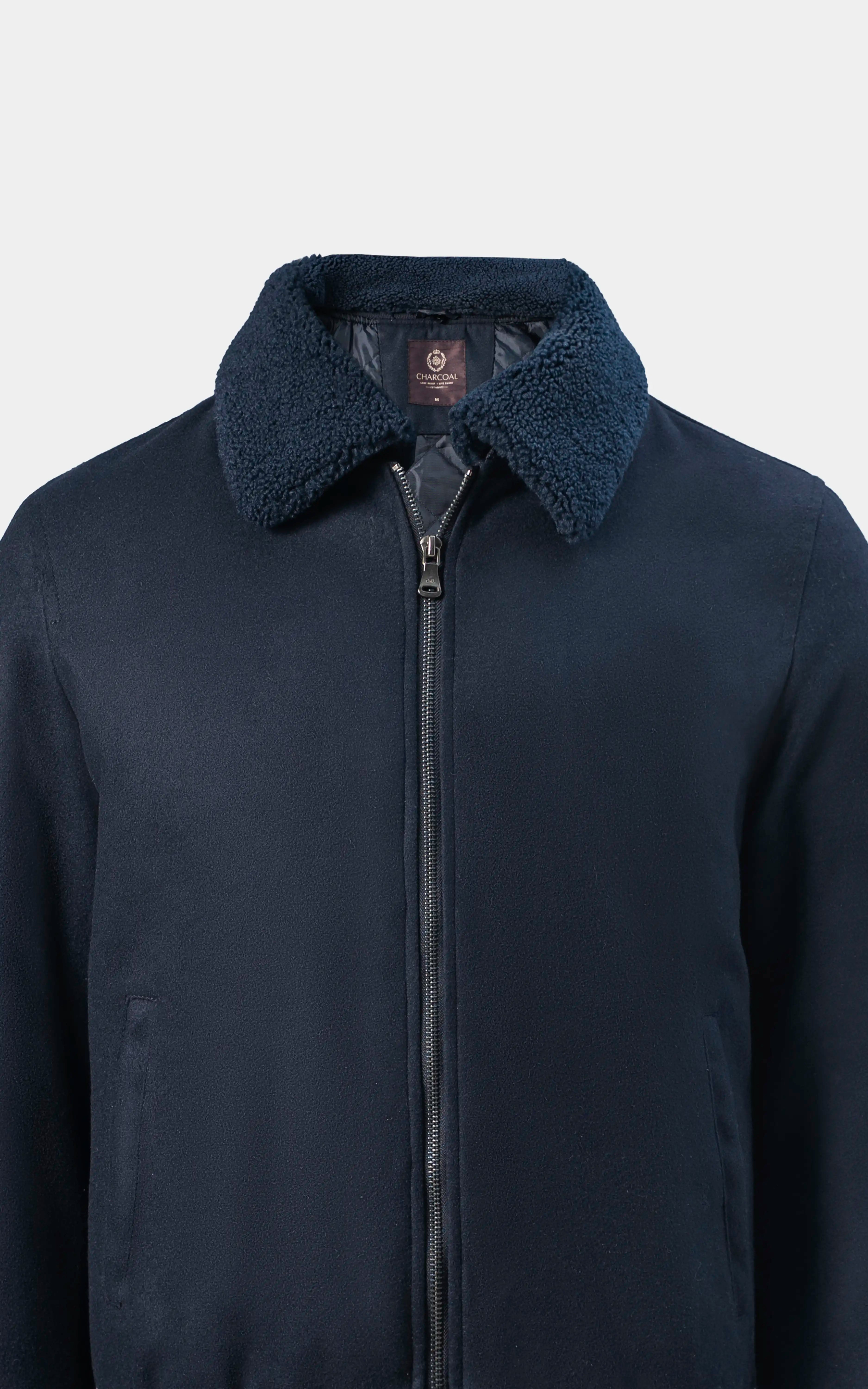 SMART FIT FULLSLEEVE FUR COLLAR WOOL JACKET NAVY